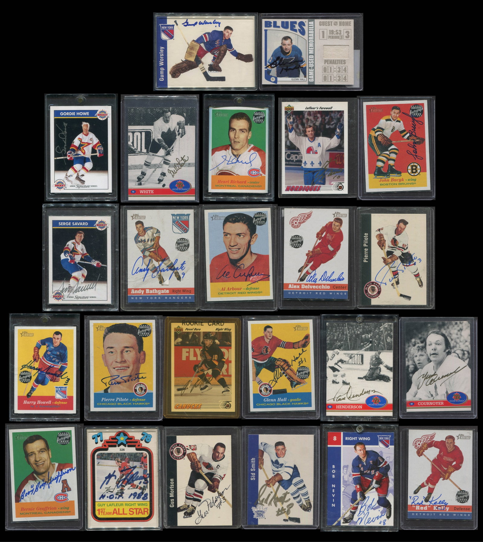 24-Card Hockey Hall of Fame Autograph Collection - Gordie Howe, Guy Lafleur O-Pee-Chee, Pavel Bure: An impressive 24-card collection of autographed hockey cards and memorabilia issues spanning multiple generations of NHL history, assembled around an exceptional concentration of Hockey Hall of Fame p