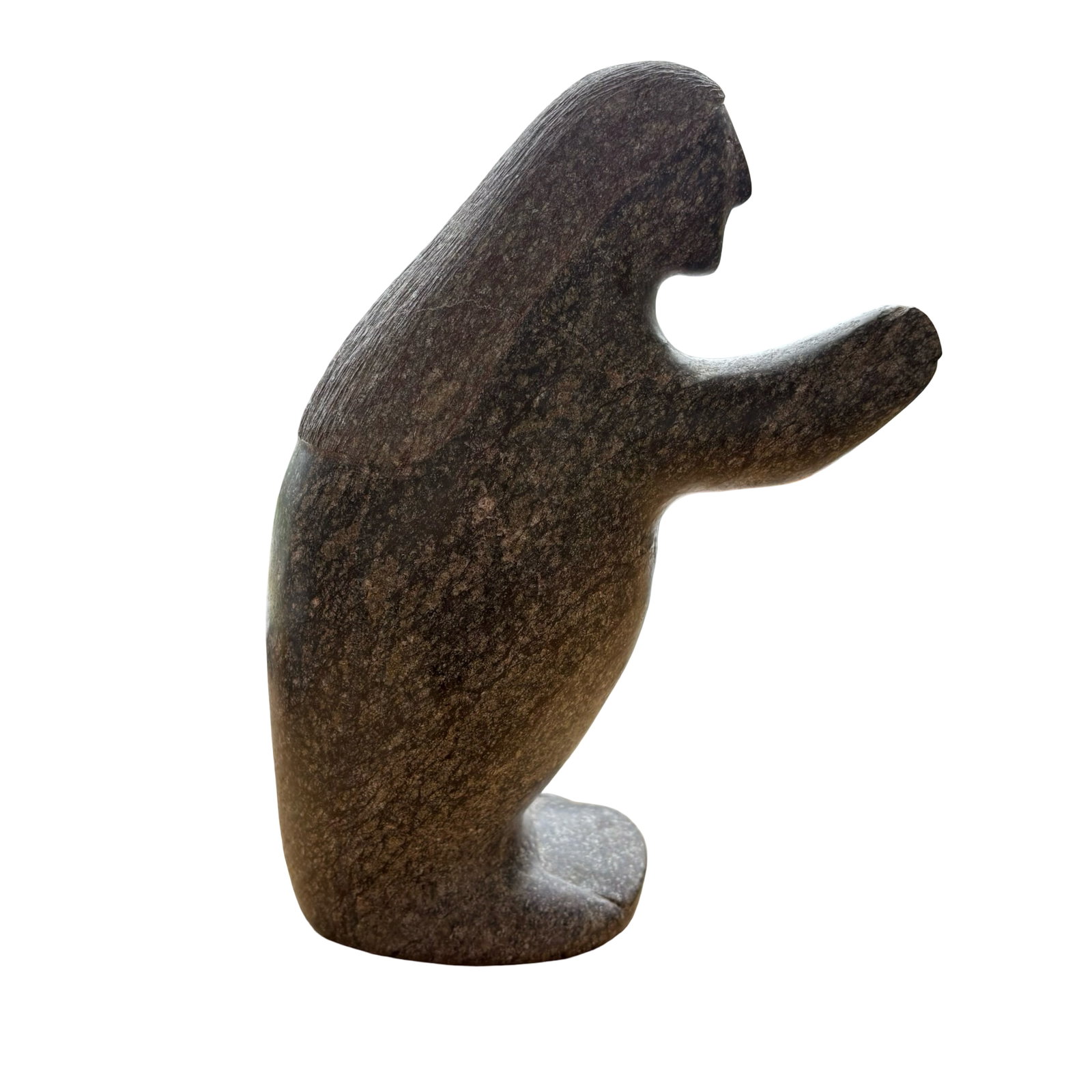 Johnny Kataluk (Inuk, Coral Harbour) 2003 Woman Praying Inuit Serpentine Sculpture - Certified: Among the most compelling themes in Canadian Inuit sculpture is the expression of spirituality through distilled form, gesture, and emotional presence. This exceptional 2003 carving by Johnny Kataluk 