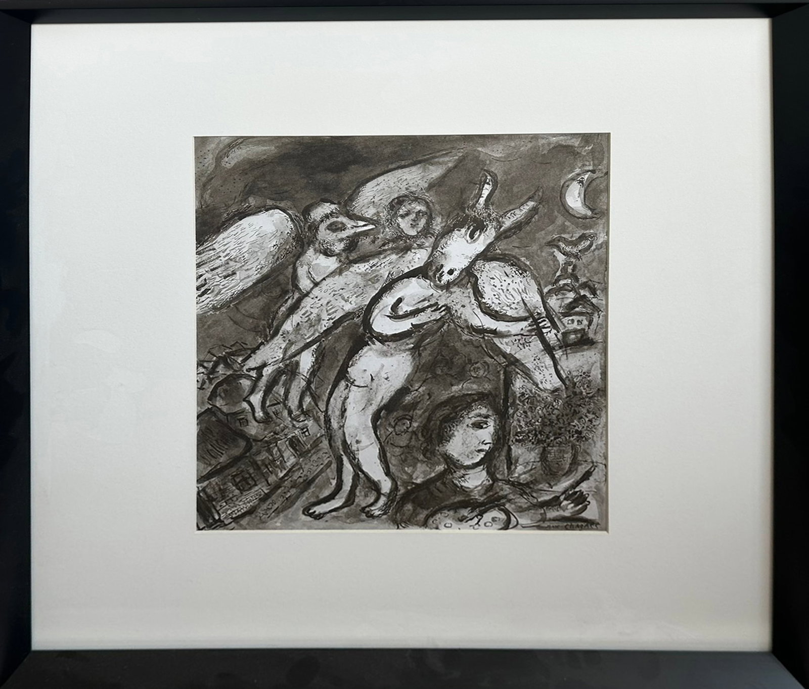 Marc Chagall Original Lithograph - "Celestial Lovers" - Rare Surrealist Work Featuring Angel,: This is a superb, museum-worthy original lithograph by world-renowned modernist master Marc Chagall, titled "Celestial Lovers". Rendered in deep grayscale wash and black ink with surrealist overtones,