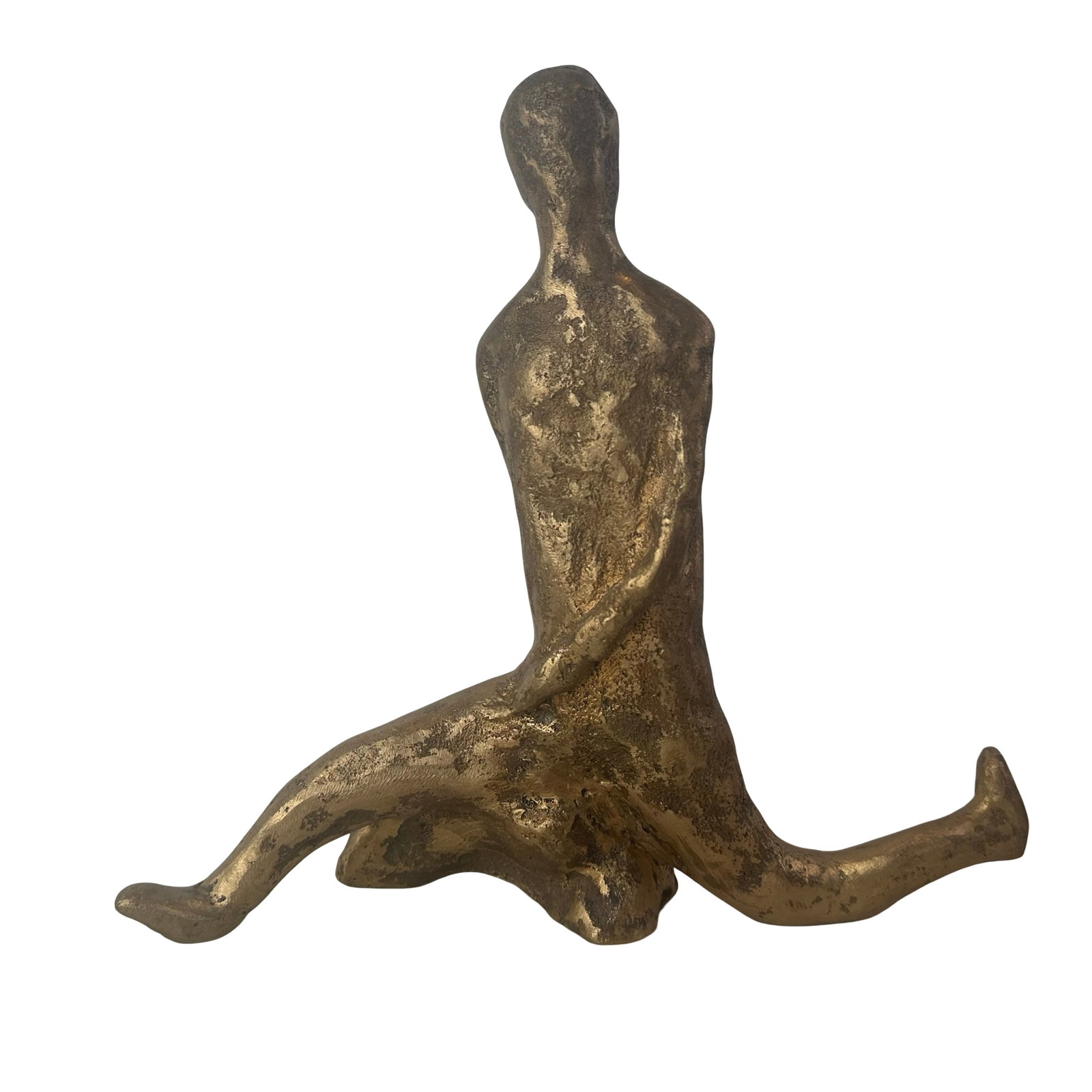 Toussaint Riendeau - Limited Edition Bronze Kneeling Figure - Signed and Numbered 1 of 9 - Modernist: This powerful bronze by Toussaint Riendeau presents an abstracted kneeling figure with elongated limbs and a faceless ovoid head, poised in a moment of poised stillness. Cast in rich gold-toned bronze