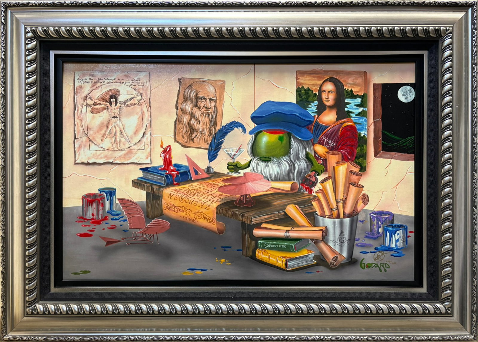 Michael Godard Da Vinci's Window 2015 Signed Hand-Embellished Giclee on Canvas Limited Edition 450: A visually commanding and richly layered hand-embellished giclee in color on canvas by Michael Godard, hand-signed in pigment by the artist and individually numbered from the principal limited edition