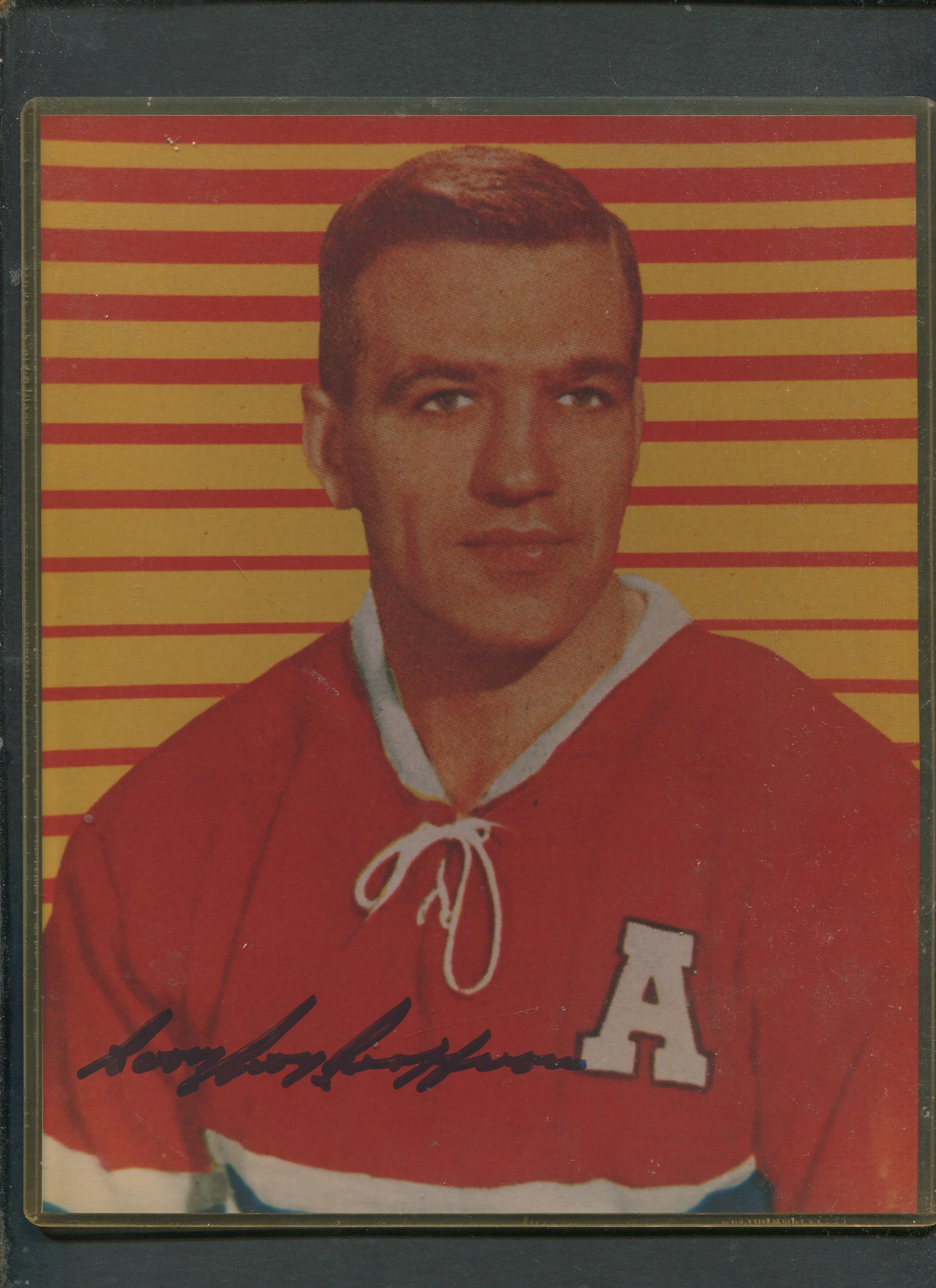 Vintage Bernie "Boom Boom" Geoffrion Original Signed Montreal Canadiens Color Portrait - Hockey Hall: A superb vintage color portrait of Hockey Hall of Famer Bernie "Boom Boom" Geoffrion (1931-2006), appearing to bear his original hand-signed autograph in black ink across the lower image. Depicting on