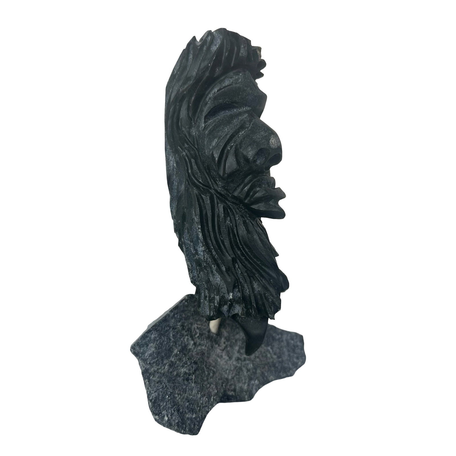 Simon Uttaq, Taloyoak - Shaman on Base, 1996 - Inuit Soapstone Sculpture with Original Government of: A powerful 1996 Inuit carving by Simon Uttaq of Taloyoak titled Shaman on Base - a commanding profile bust rendered in dark, fine-grained soapstone with dramatic, tiered coiffure and beard. Uttaq?s ca