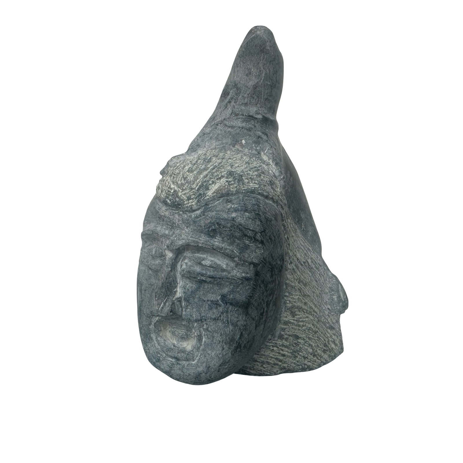 Wayne Kilabuk - Pangnirtung - Seal Spirit - 1990 - Inuit Serpentine Stone Carving with Government of: Carved in 1990 by Pangnirtung artist Wayne Kilabuk, Seal Spirit is a powerful Arctic transformation image rendered in dark grey to green serpentine stone with pale mineral veining and a soft luster id