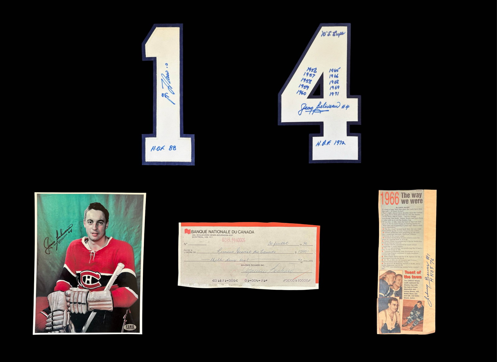 Maurice 'Rocket' Richard Signed 1996 Cheque, Jean B?liveau 10 Stanley Cups Signed #4, Gump Worsley: Exceptional five-piece Canadian hockey autograph and memorabilia collection uniting four legendary Hockey Hall of Fame figures whose careers are inseparable from the golden age of the NHL's Original S