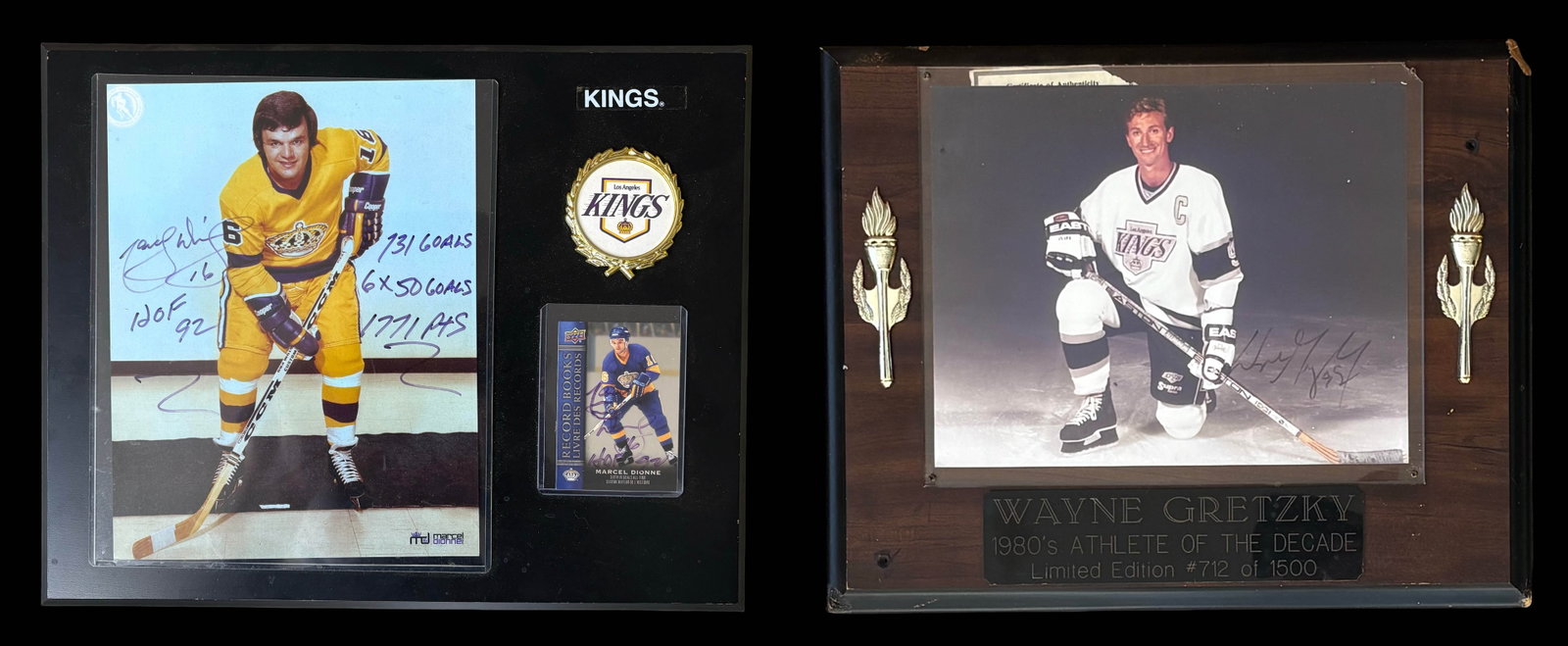 Wayne Gretzky & Marcel Dionne Autographed Los Angeles Kings Display Plaques - Gretzky Limited: A compelling two-piece Los Angeles Kings autographed memorabilia collection uniting Wayne Gretzky and Marcel Dionne, two Hockey Hall of Fame superstars and among the most accomplished offensive player