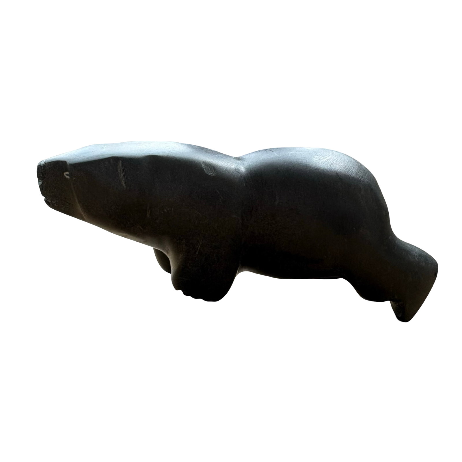 Abe Shaa Dorset Inuit Stone Bear Sculpture, 2026, Signed Certified Canadian Inuk Carving, Kinngait: An elegant and highly collectible contemporary Inuit stone sculpture titled Bear, hand carved by Abe Shaa of Dorset, Nunavut, in 2026. Measuring 5 3/4" x 2 1/4" x 2 1/4" tall, this compact yet powerfu