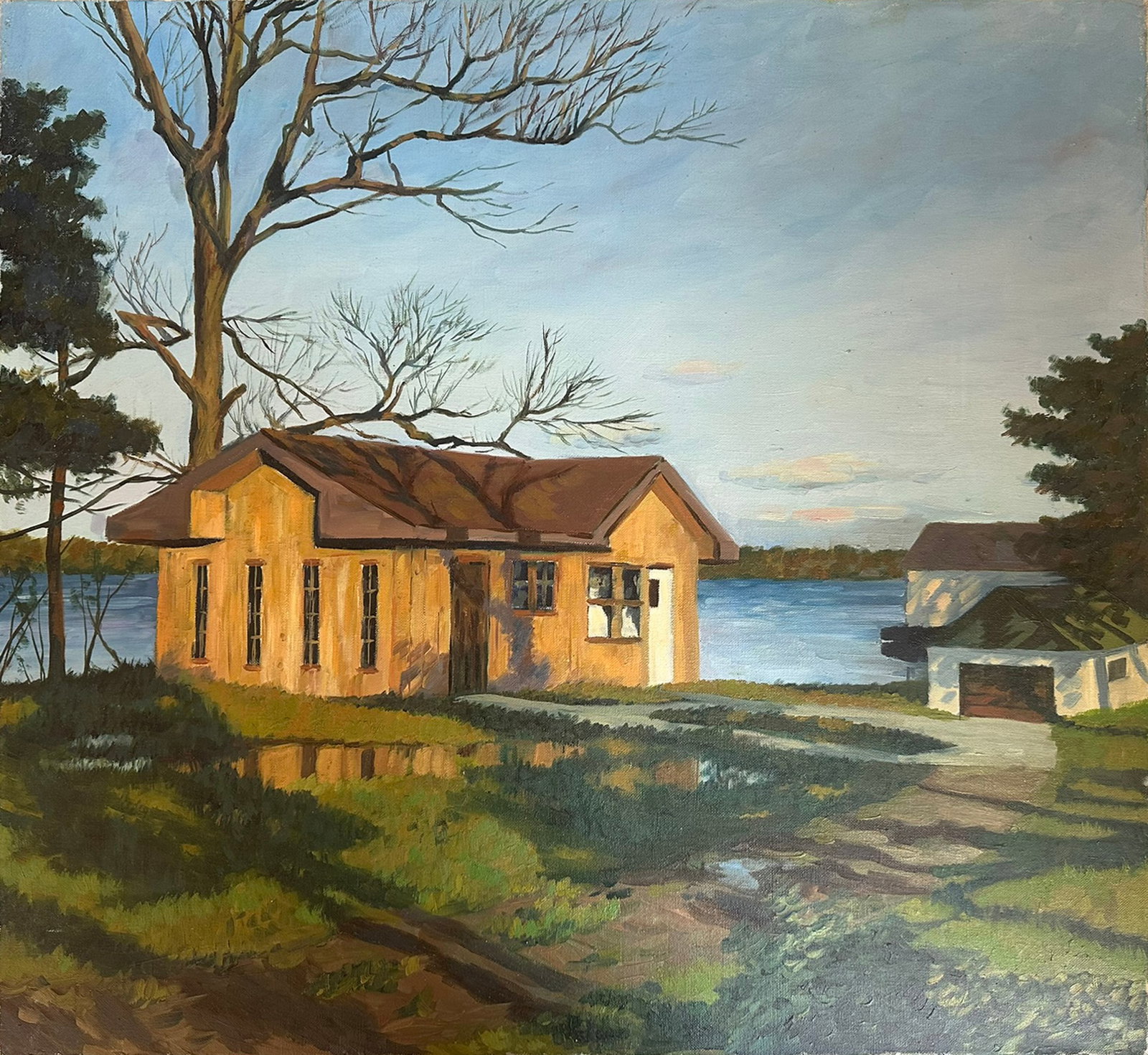 Tom Guo Original 1995 Oil Painting ?Unfinished Woodhouse? - Atmospheric Lakeside Scene, Subtle (1 of 3)
