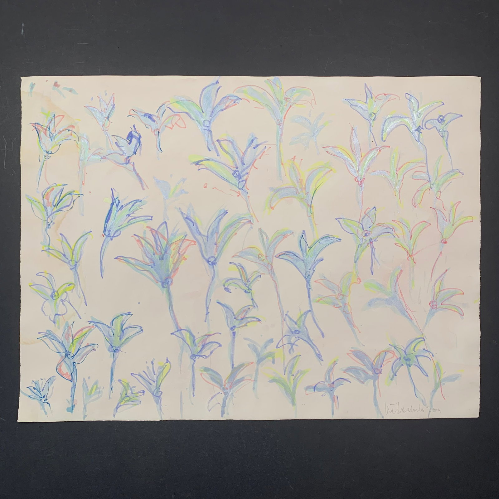 Jiri Ladocha Original: Jiri Ladocha original acrylic on paper, circa 2001, signed and dated lower right. Done in an almost abstract like style, with pink, yellow and blue flowers. This piece is in excellent condition. Image