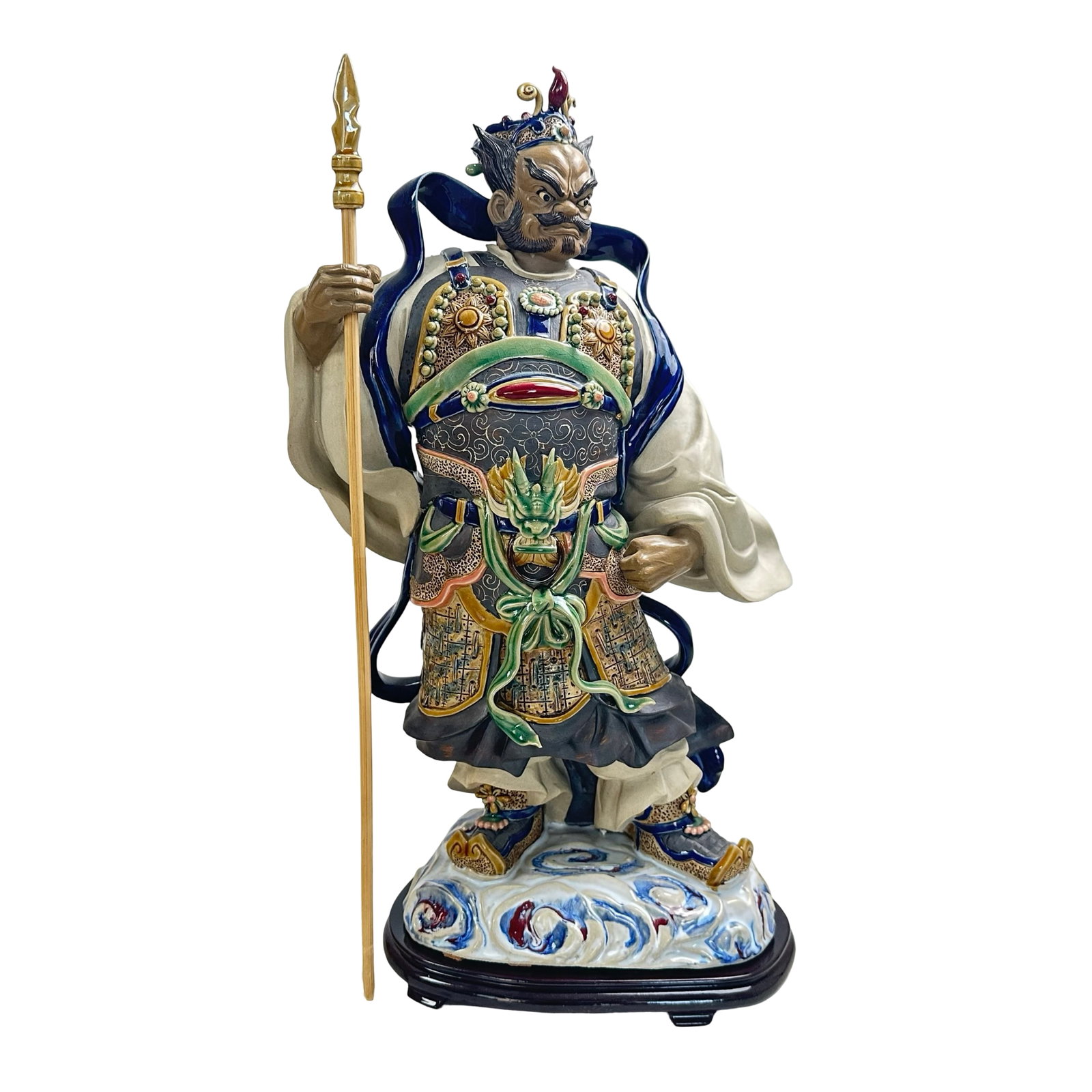 Handcrafted Chinese Temple Guardian Door God Figurine - Signed Artisan Sculpture in Glazed Ceramic: Presenting an exceptional hand-sculpted and signed Chinese Door God (??) guardian figurine, a stunning representation of traditional temple iconography and Chinese folk art craftsmanship. This command