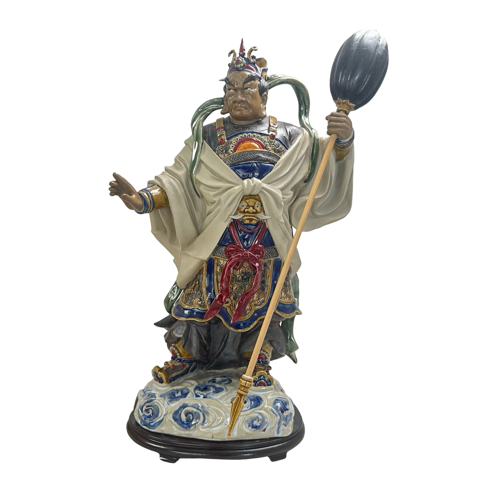 Magnificent Chinese Porcelain Door Guardian Statue - Hand-Painted Temple Figure with Box, Signed &: Presented here is a striking Chinese hand-painted porcelain figurine of a Door Guardian (??, M?nsh?n), a powerful and protective deity in Chinese folk religion and Taoist tradition. This exceptional s