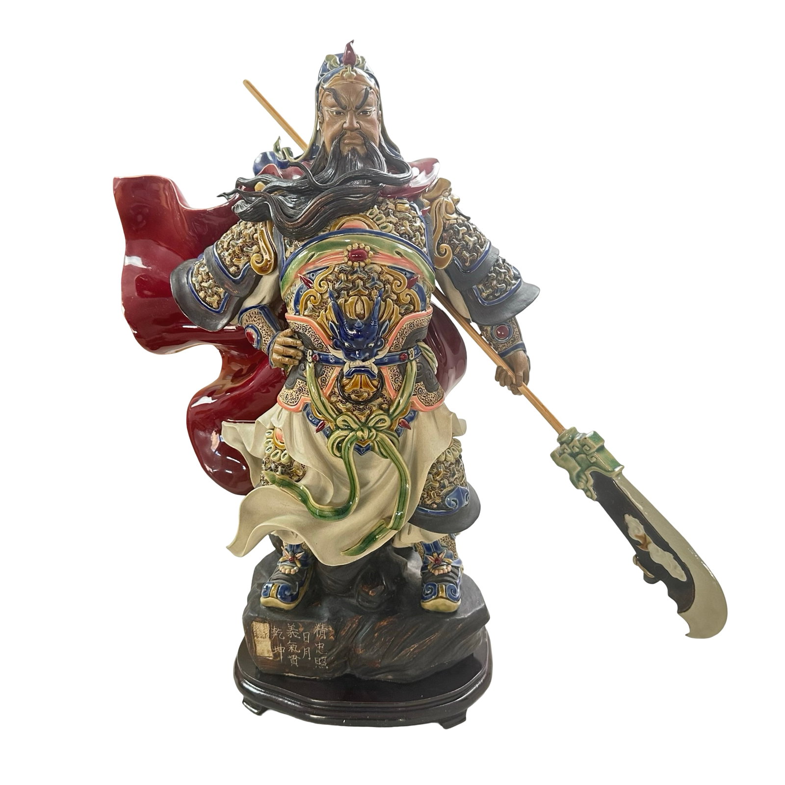Exquisite, Large, Hand-Painted Porcelain Statue of Guan Yu with Guandao - Chinese Warrior God: Presenting an exceptional large hand-painted porcelain statue of Guan Yu (also known as Guan Gong or Kuan Ti) - the revered Chinese God of War, Loyalty, and Righteousness - captured in commanding form