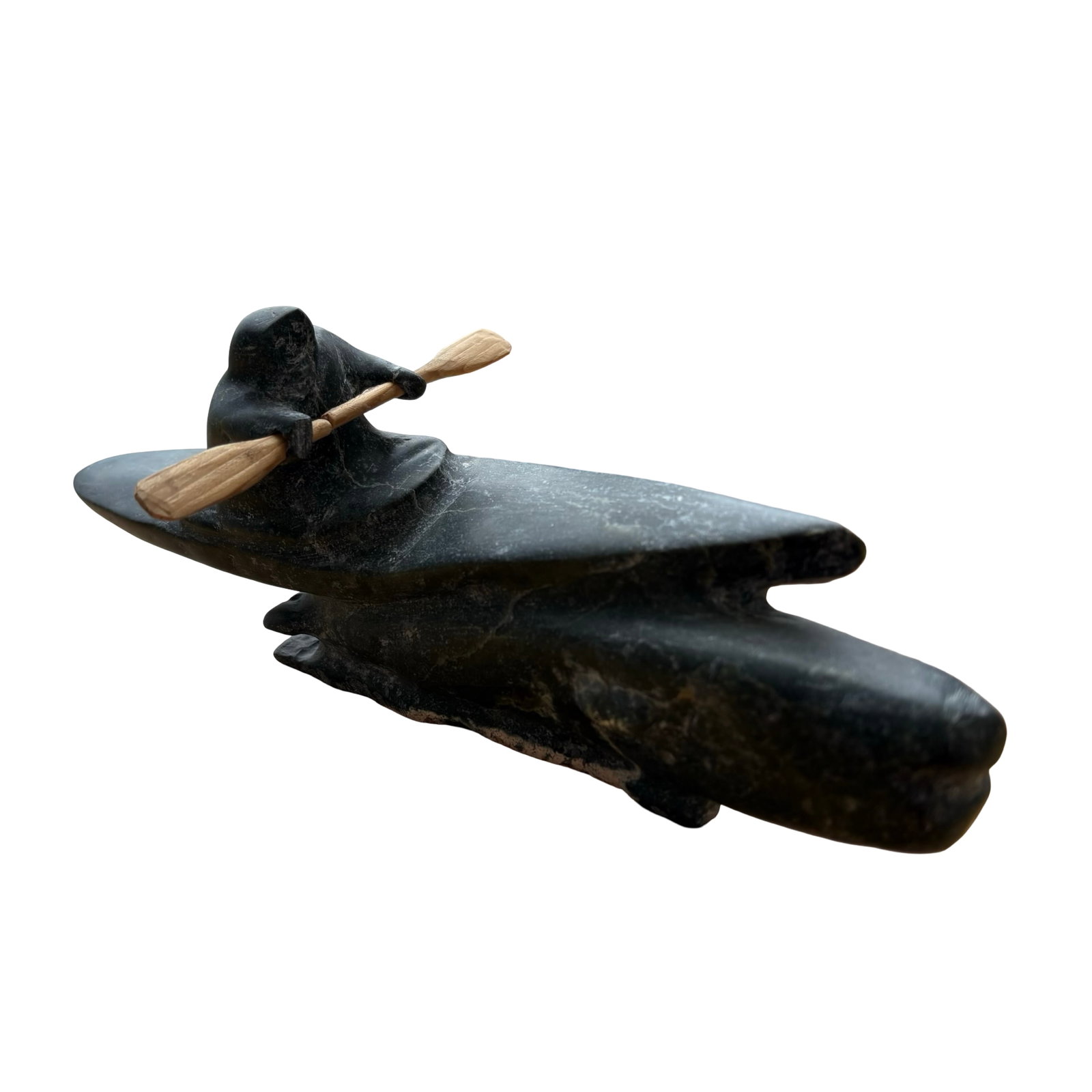 Eddie Oleekatalik (Taloyoak, Inuit) 1991 ?Kayaker? Stone Sculpture - Certified Canadian Inuit Art: A superb and highly evocative original Inuit sculpture by acclaimed Taloyoak artist Eddie Oleekatalik, created in 1991 and titled Kayaker, representing one of the most enduring and culturally signific