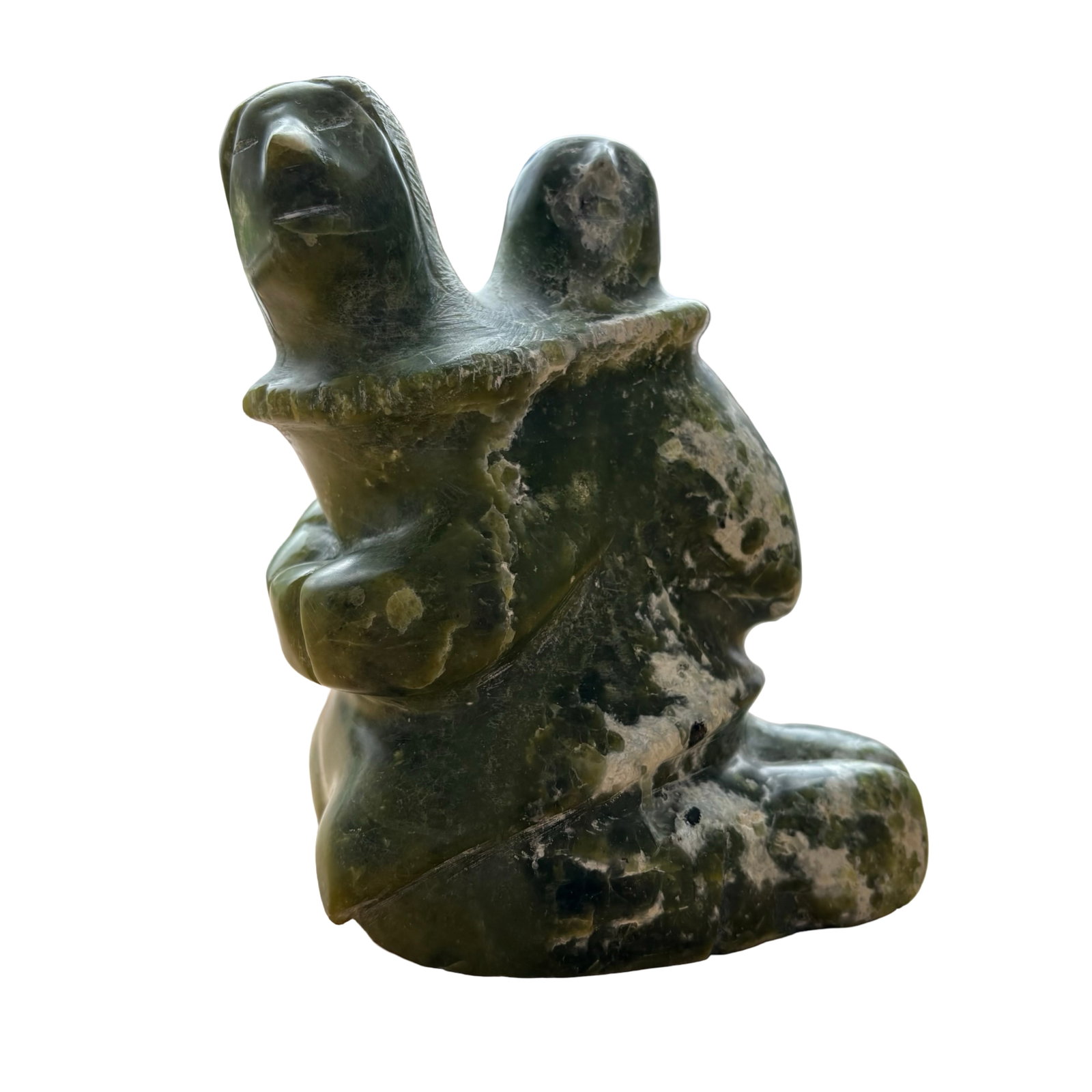 Ooloopie Killiktee (Kimmirut, Nunavut) - Mother and Child, 2020 Certified Inuit Serpentine Stone: A deeply moving and exceptionally collectible original Inuit stone sculpture by Ooloopie Killiktee of Kimmirut, Nunavut, depicting one of the most celebrated and enduring themes in Canadian Arctic art