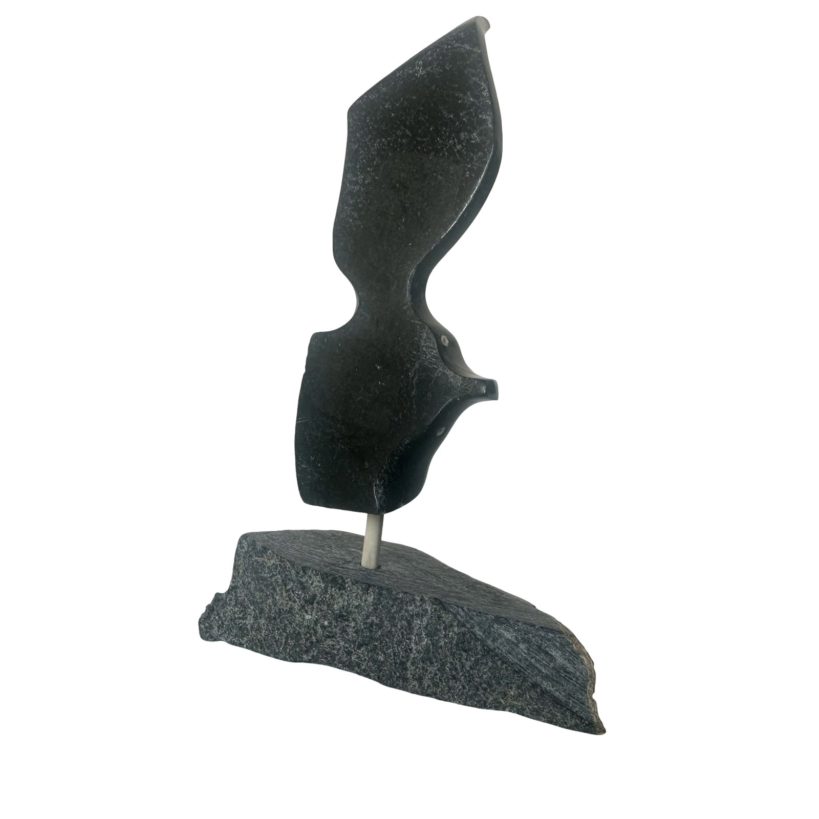Joe Poodlat - Taloyoak - Bird in Flight - 1998 - Inuit Serpentine Stone Carving on Granite Base -: Carved in 1998 by respected Taloyoak artist Joe Poodlat, Bird in Flight is an elegant, modernist statement of Arctic avifauna realized in dark serpentine stone and mounted to a natural granite base. T