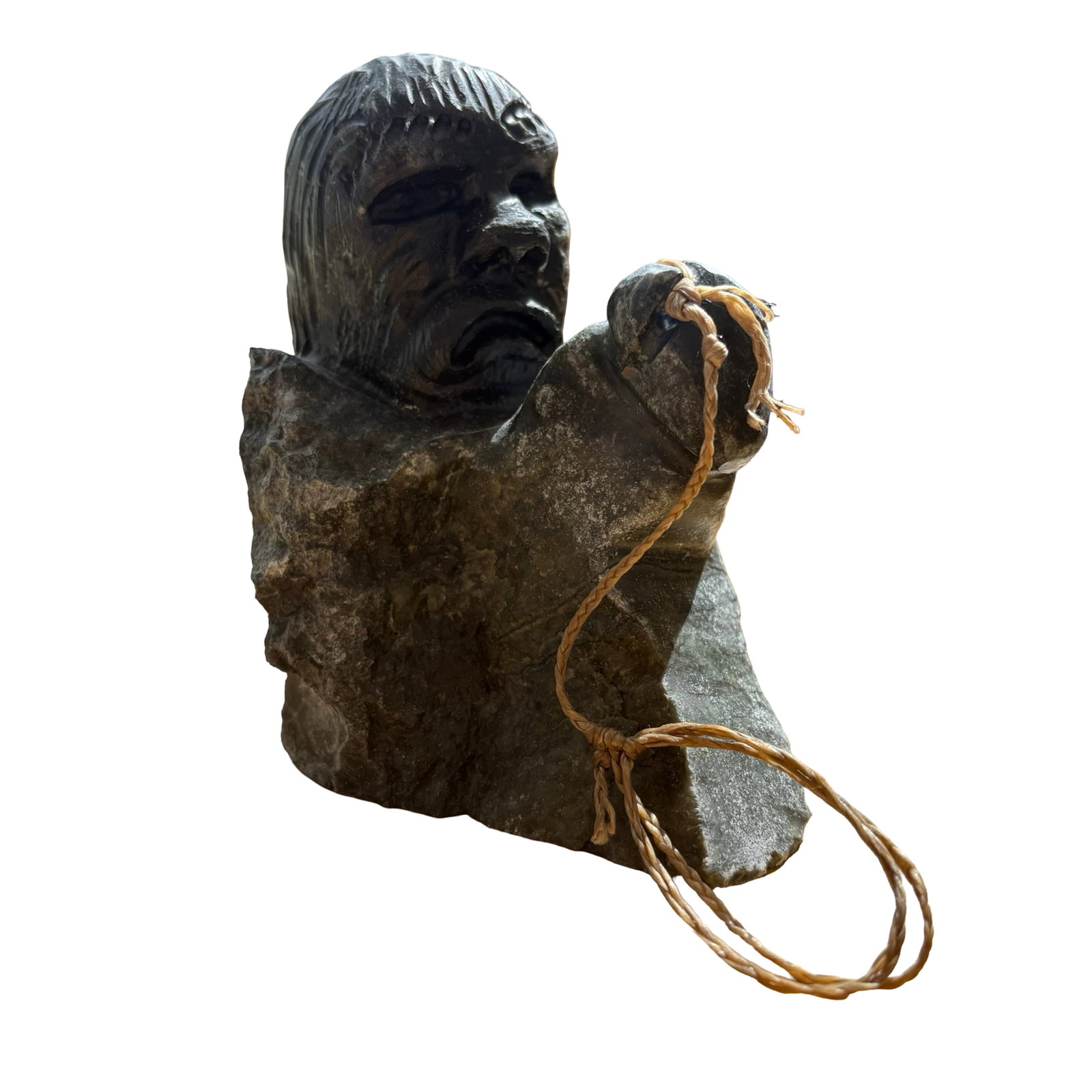Putuguk Ashevak (Taloyoak) 1990 Certified Inuit Stone Sculpture ?Inuk Hunter? - Canadian Arctic: A compelling and highly authentic example of late 20th century Canadian Inuit sculpture, this certified stone carving titled Inuk Hunter was created in 1990 by Putuguk Ashevak of Taloyoak, Nunavut, on
