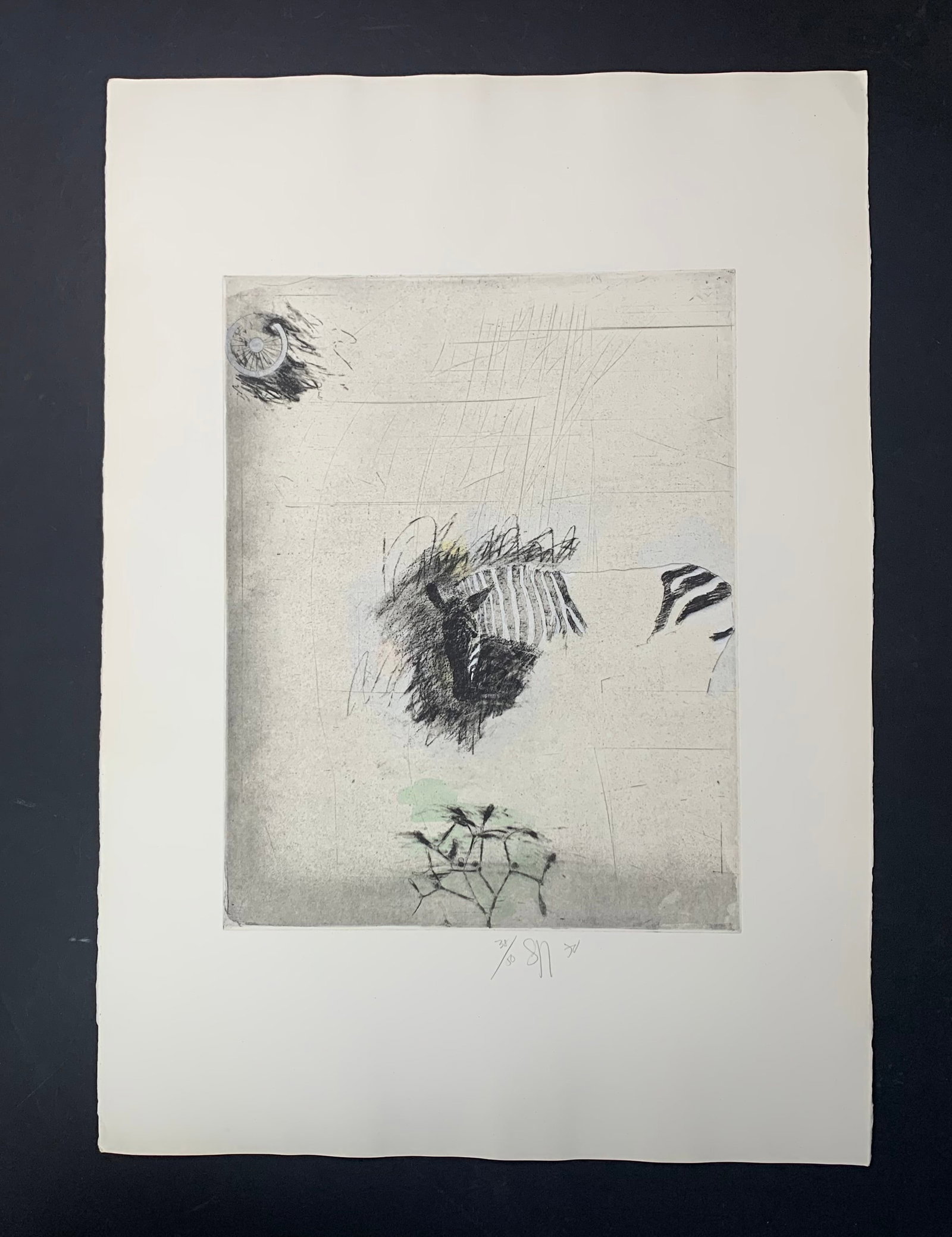 Donald Saff's "Zebra" Limited Edition Print: Donald Saff's "Zebra" limited edition print, signed and numbered 38/50 lower middle. This is an interesting piece of a fair zebra in the middle, with a wheel above, and hints of green, yellow, very li