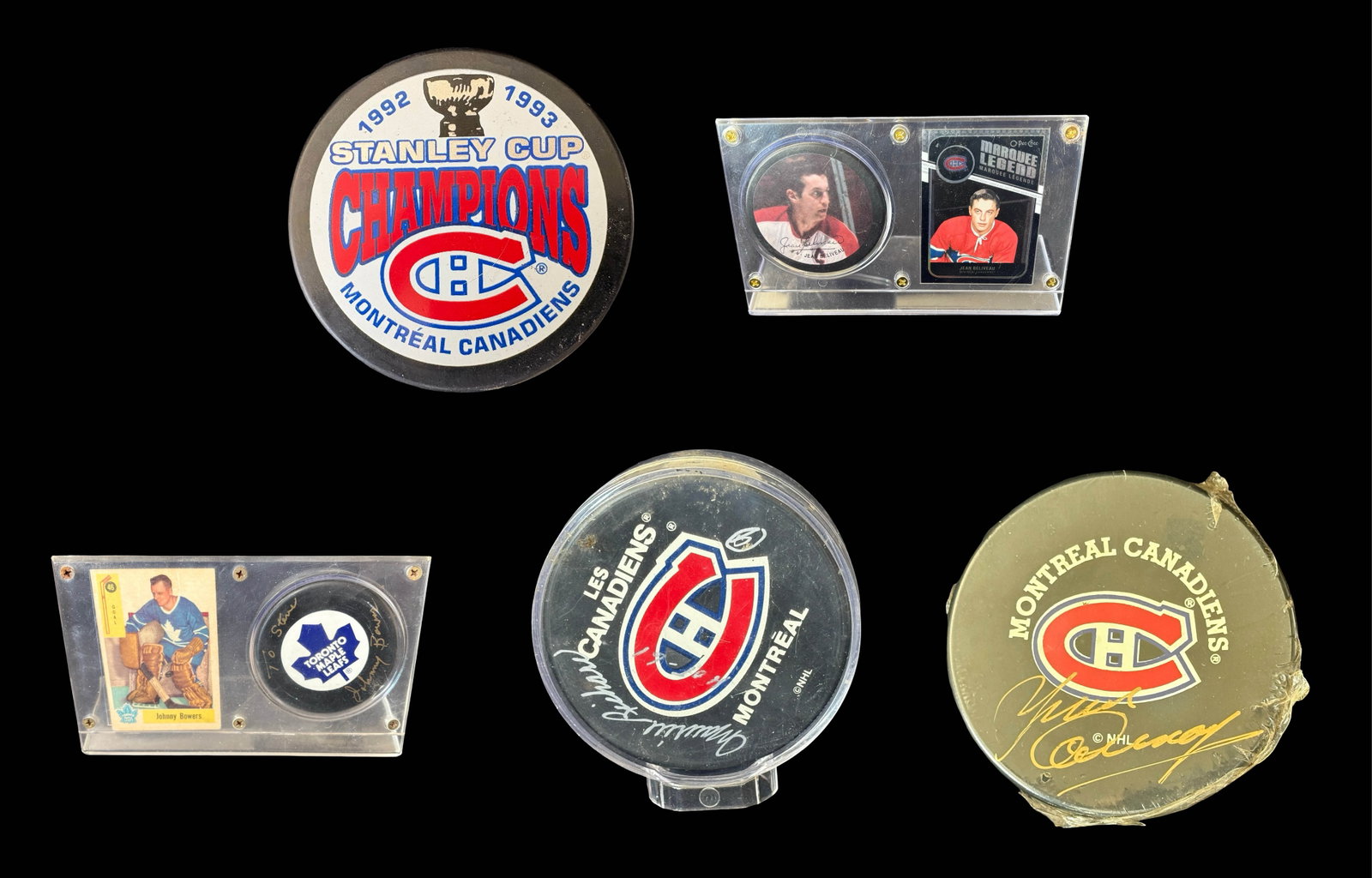 Montreal Canadiens & Toronto Maple Leafs Original Six Signed Hockey Pucks - Maurice "Rocket" Richard: An outstanding multi-generational assemblage of Original Six hockey memorabilia uniting four Hockey Hall of Fame legends - Maurice "Rocket" Richard, Jean B?liveau, Yvan Cournoyer and Johnny Bower - wi