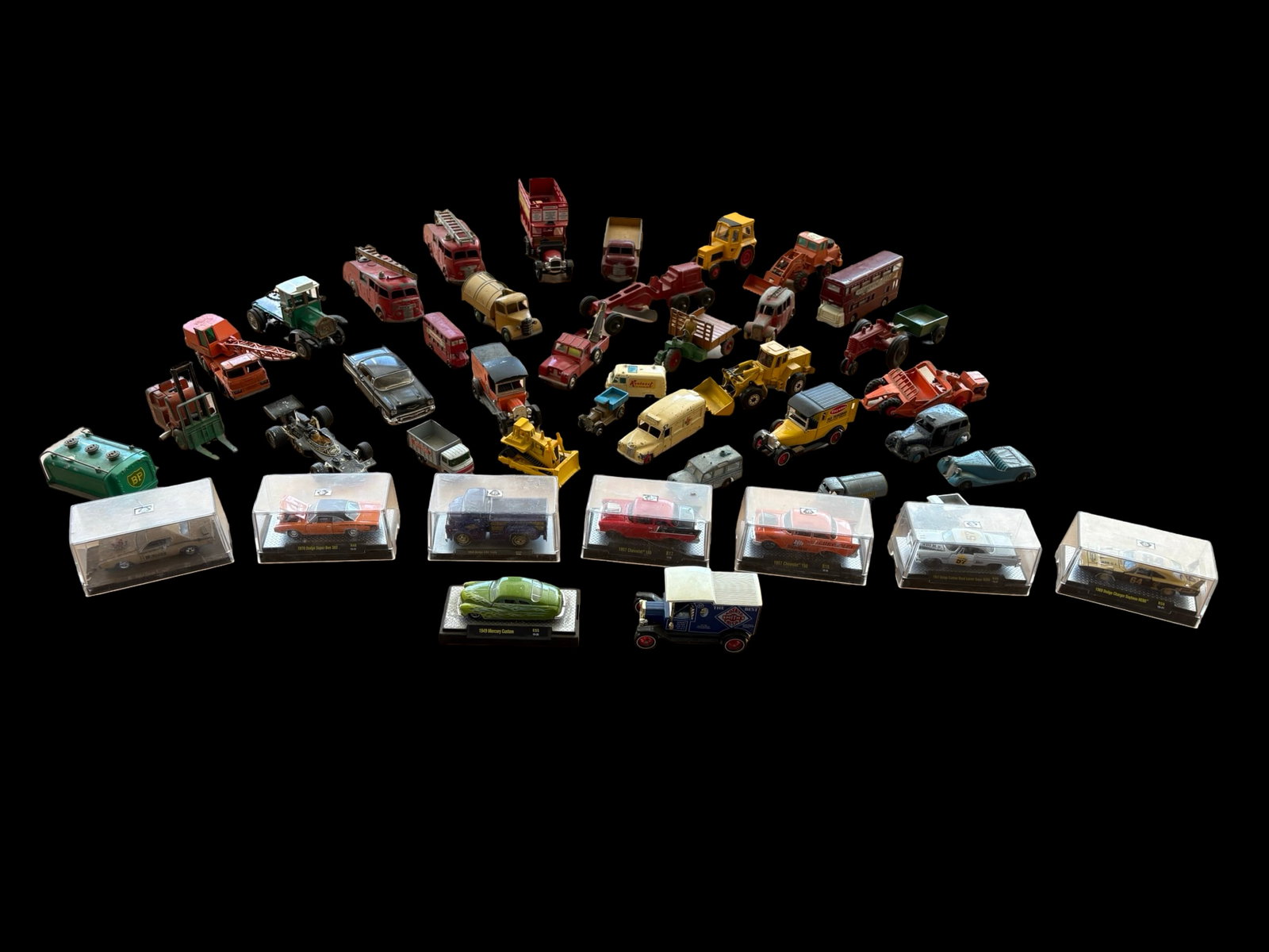 44-Piece Vintage Die-Cast Toy Vehicle Collection - M2 Machines Muscle Cars, Fire Engines, London: Substantial 44-piece vintage and modern die-cast toy vehicle collection presenting an unusually broad cross-section of automotive, transportation, emergency-service, agricultural, construction and com
