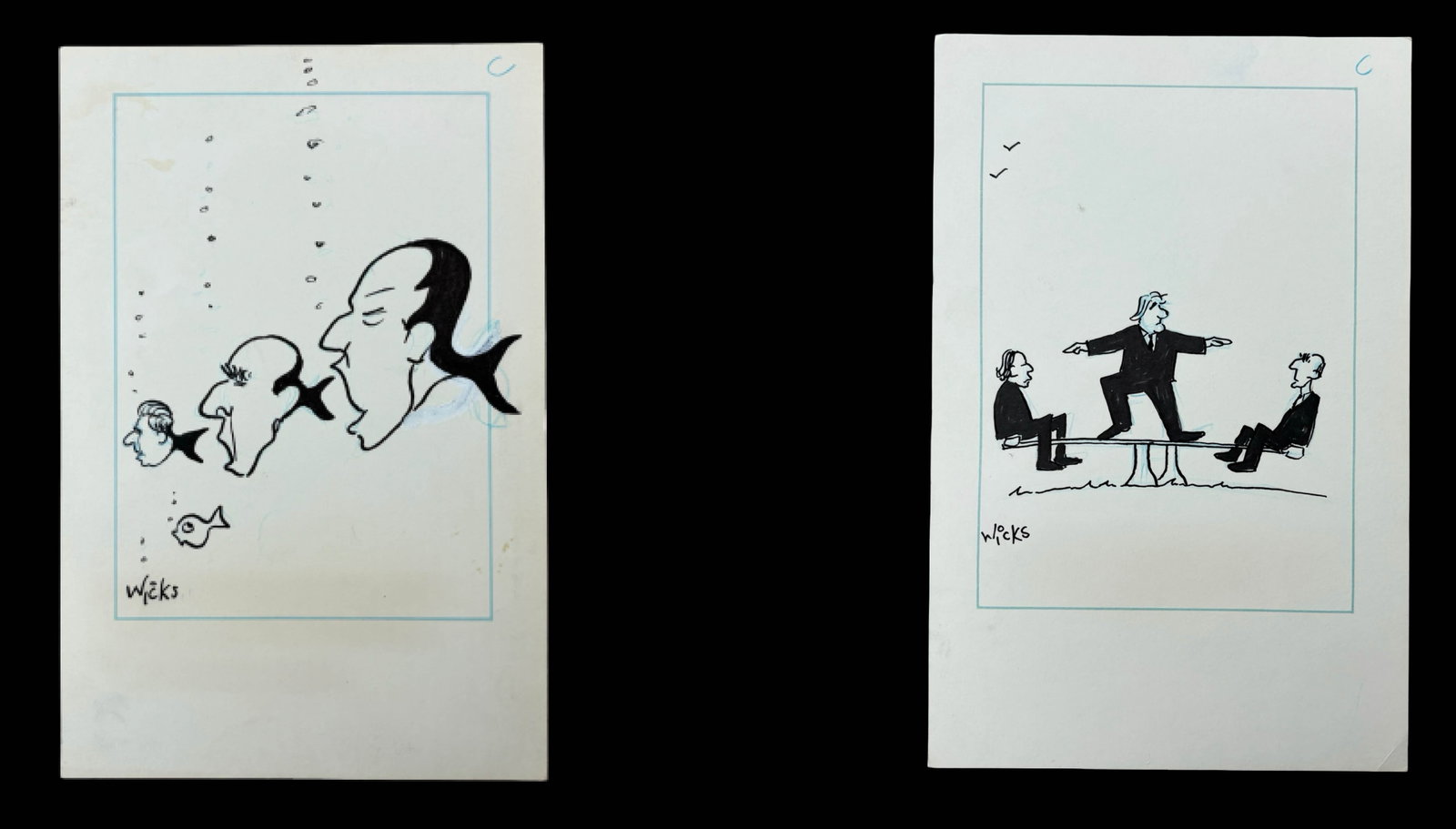 BEN WICKS (1926-2000) Pair of Original Signed Canadian Editorial Cartoon Ink Drawings - Political: An engaging pair of original signed ink drawings by celebrated Canadian cartoonist, illustrator and social commentator Ben Wicks (1926-2000), offered together as evocative examples of the economical d