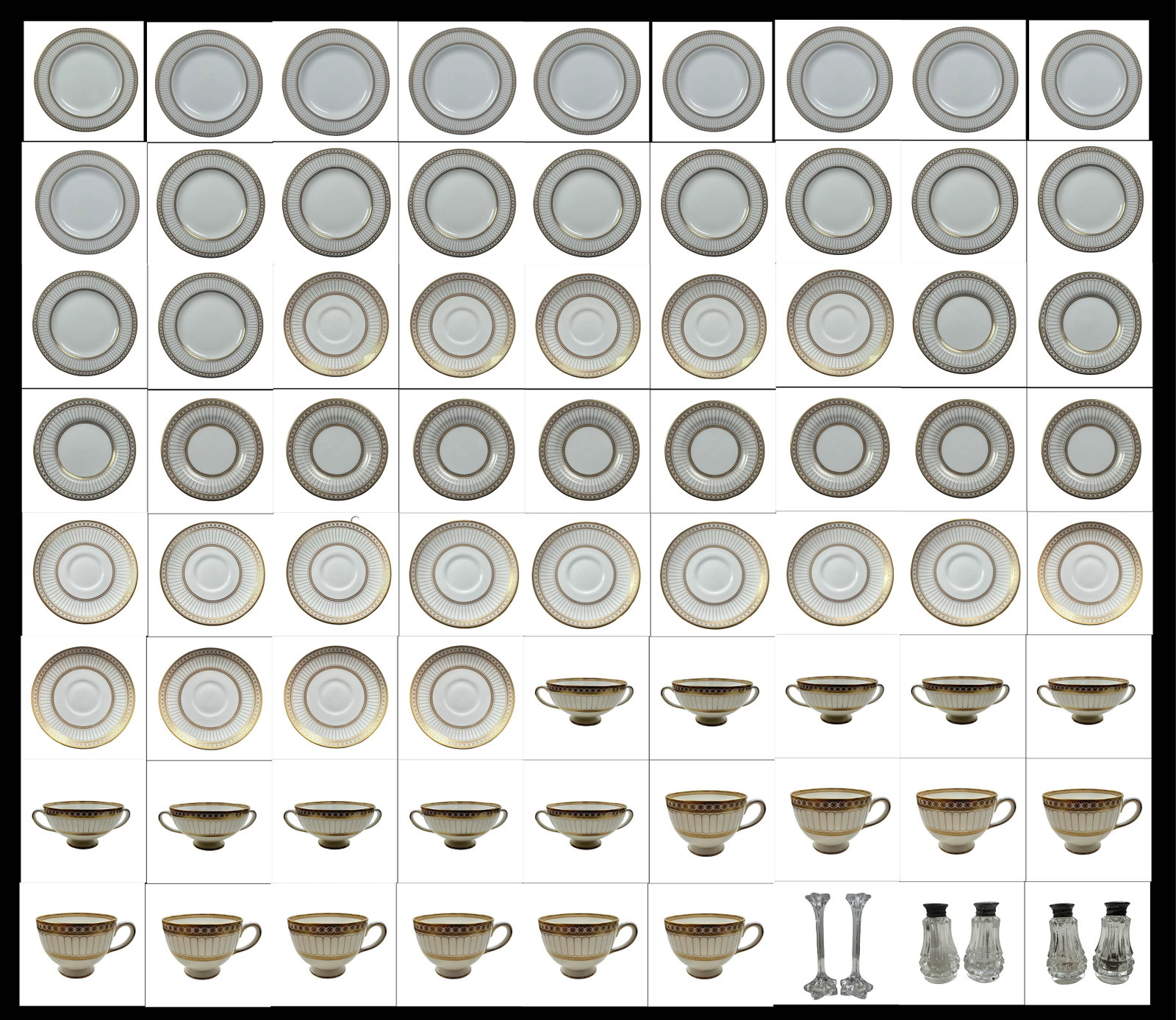 Monumental Wedgwood Neoclassical Gilt Dinner Service - 49 Pieces Ivory Bone China - 10 Dinner, 10: A commanding and architecturally refined Wedgwood neoclassical gilt dinner service comprising forty-nine coordinated pieces in luminous ivory bone china, exemplifying the firm?s enduring mastery of cl