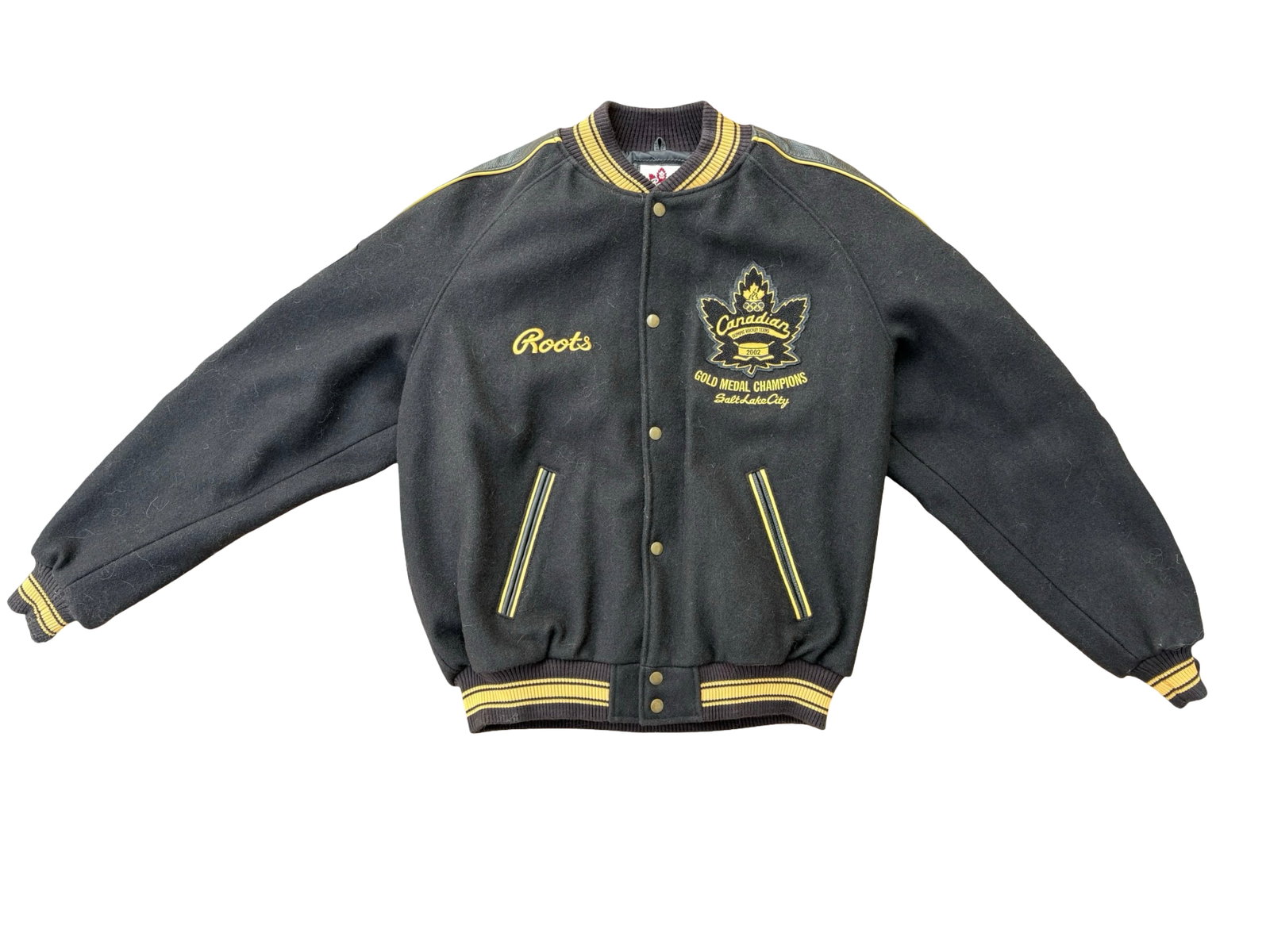 Roots Canada 2002 Salt Lake City Olympics Team Canada Hockey Gold Medal Champions Wool & Leather: An outstanding piece of Canadian Olympic hockey memorabilia commemorating one of the most celebrated moments in the nation?s sporting history, this substantial Roots Canada wool and leather varsity ja