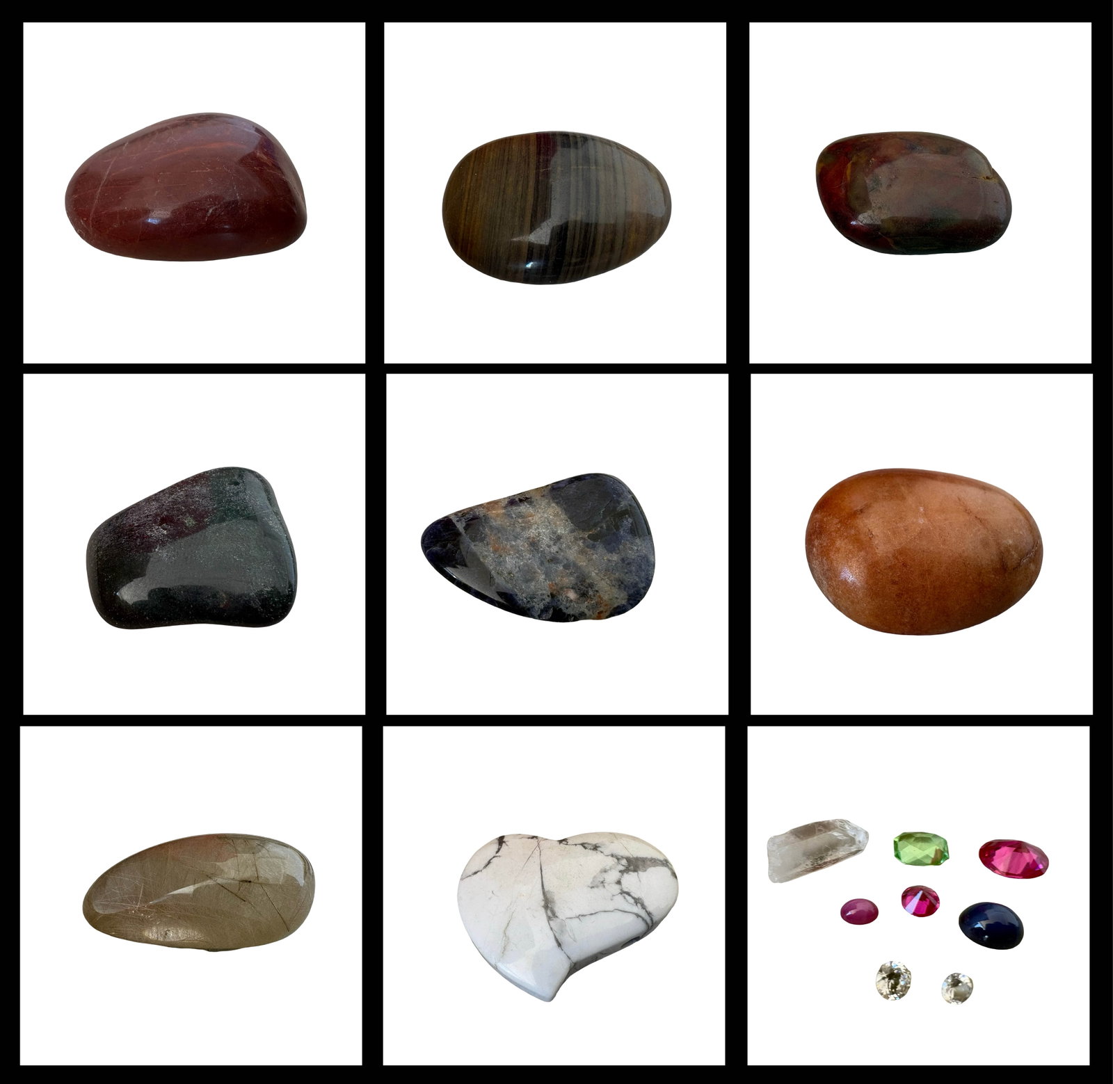 Collection of 16 Polished Gemstone & Mineral Specimens - Quartz, Jasper, Howlite, Banded Stone, Palm: A visually compelling 16-piece collection of polished gemstone and mineral specimens, lapidary stones, cabochons, loose faceted gems, and a natural crystal specimen, assembled around a striking range 