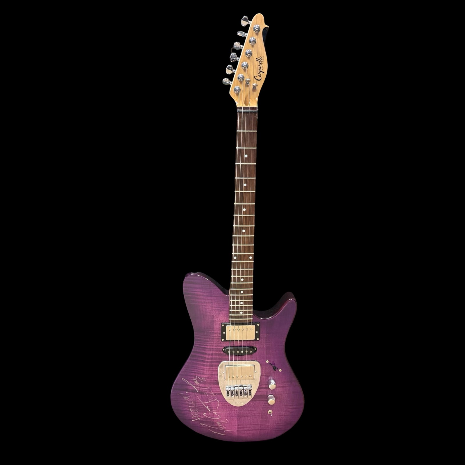 Hedley Complete-Band Signed Carparelli Infiniti S Purple Flame Maple Electric Guitar with ZOOM: An exceptional piece of Canadian rock memorabilia combining a distinctive boutique electric guitar with authentic signatures from the complete four-member Hedley lineup of Jacob Hoggard, Dave Rosin, T