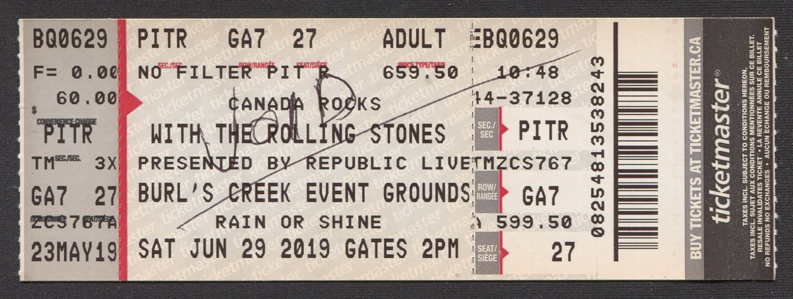 Canada Rocks with The Rolling Stones Unused (VOID) Concert Ticket Stub: An unused Canada Rocks with The Rolling Stones Unused (VOID) {due to COVID} concert ticket stub from Saturday, June 29, 2019 at Burl's Creek Event Grounds in Toronto, Ontario. Ticket has VOID written 