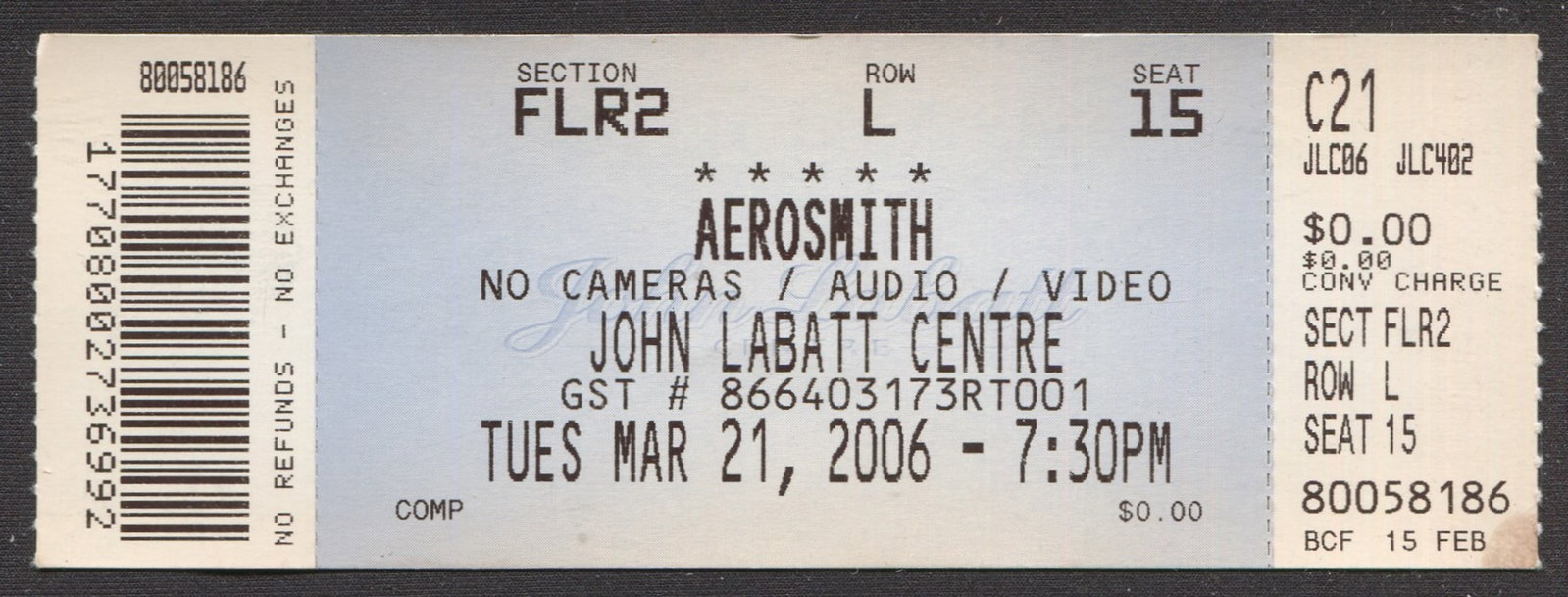 Aerosmith Unused Concert Ticket Stub: An unused Aerosmith concert ticket stub from Tuesday, March 21, 2006 at John Labatt Centre (now Budweiser Gardens) in London, Ontario. Ticket is Section FLR2, Row L, Seat 15 and in great condition, wi