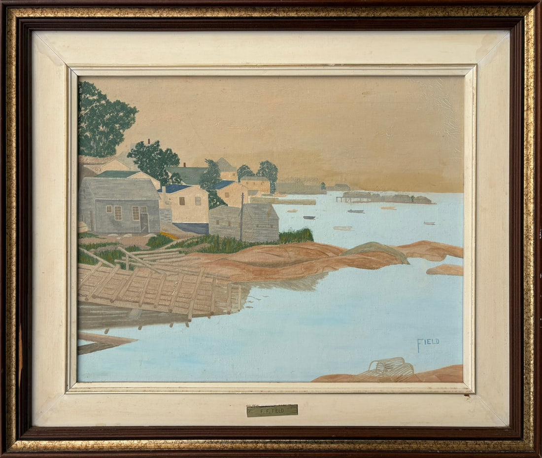 F.F. Field Deer Isle Maine Original Oil on Canvas Painting - Signed New England Harbor Fishing: Original signed F.F. Field painting depicting Deer Isle, Maine, a historic island community whose working harbors, lobster fisheries and weathered coastal architecture have long formed an important pa