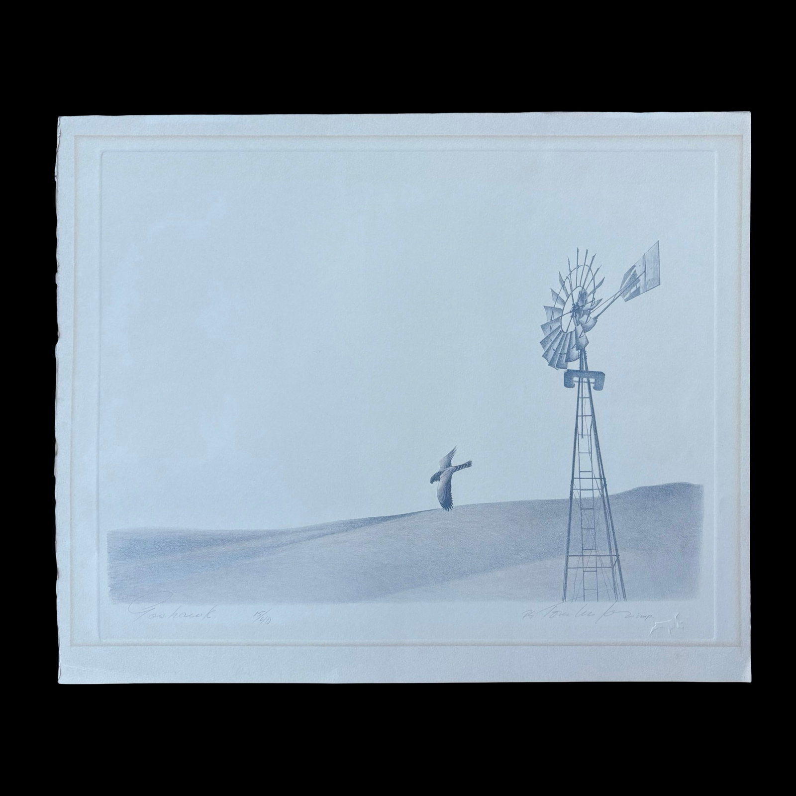 Roy Elwin Tomilson "Goshawk" Pencil-Signed Limited Edition Print 15/40 - Raptor, Windmill & Prairie: Roy Elwin Tomilson, Goshawk, a beautifully conceived pencil-signed, titled and numbered limited-edition fine art print, edition 15/40, presenting a dramatic goshawk in flight across an expansive prair