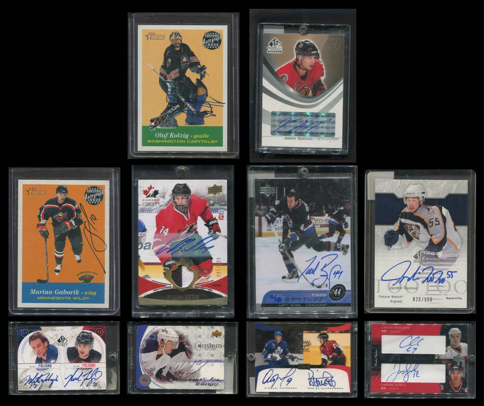 10-Card Premium NHL Hockey Autograph Collection - Iginla, Alfredsson, Rick Nash, Spezza, Gaborik,: An exceptionally appealing 10-card collection of NHL and Canadian hockey autograph cards, bringing together Hall of Fame talent, franchise icons, highly drafted stars, a serial-numbered signed rookie,