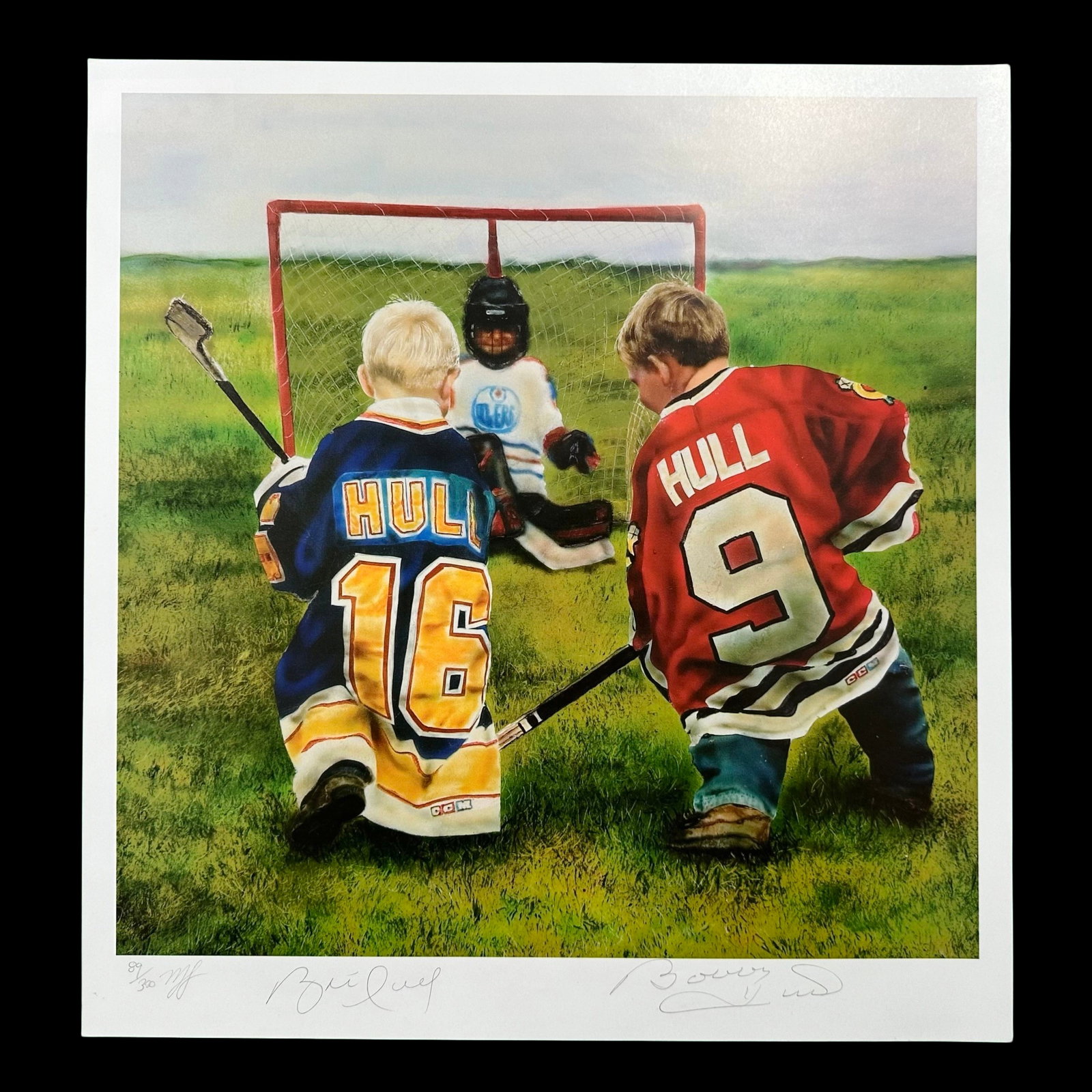 Murray Henderson's "Brett and Bobby" Limited Edition Print Signed by Brett and Bobby Hull: Murray Henderson's "Brett and Bobby" limited edition print, signed and numbered 89/300 lower left. This piece has been signed by Brett Hull and Bobby Hull, and is of two young children playing hockey 