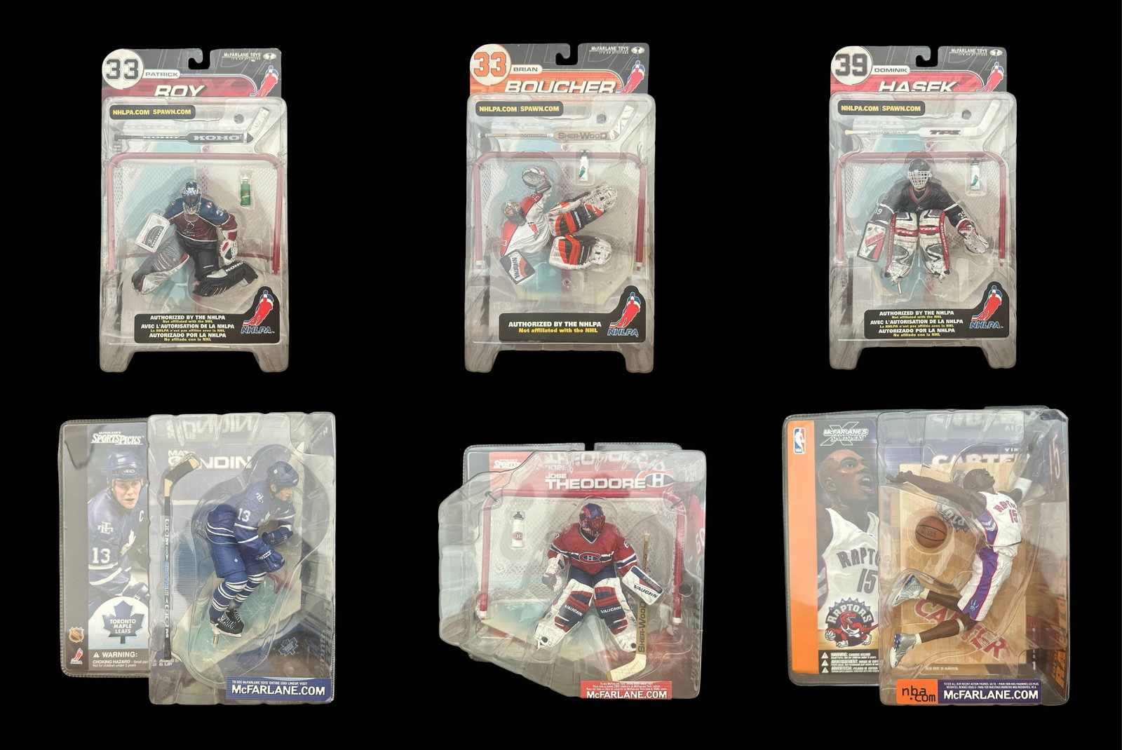 McFarlane SportsPicks NHL and NBA Factory-Sealed Figure Collection - Roy, Hasek, Sundin, Boucher,: Offered here is a tightly curated collection of six original McFarlane SportsPicks action figures, factory sealed and presented in their original early-2000s retail packaging, representing some of the