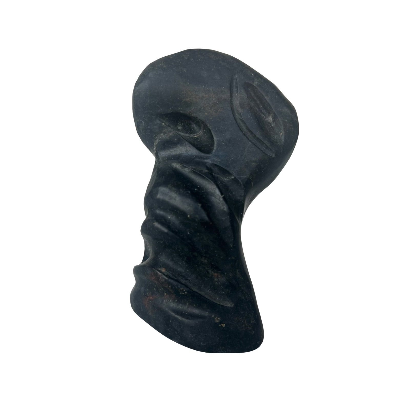 Leo Uttaq, Taloyoak - Face, 1993 - Inuit Soapstone Sculpture with Government of Canada Certification: A powerful and elegantly stylized portrait head by noted Taloyoak carver Leo Uttaq (Canadian Inuit), titled Face and carved in 1993. Executed in a dense, deep charcoal-black steatite soapstone, the sc