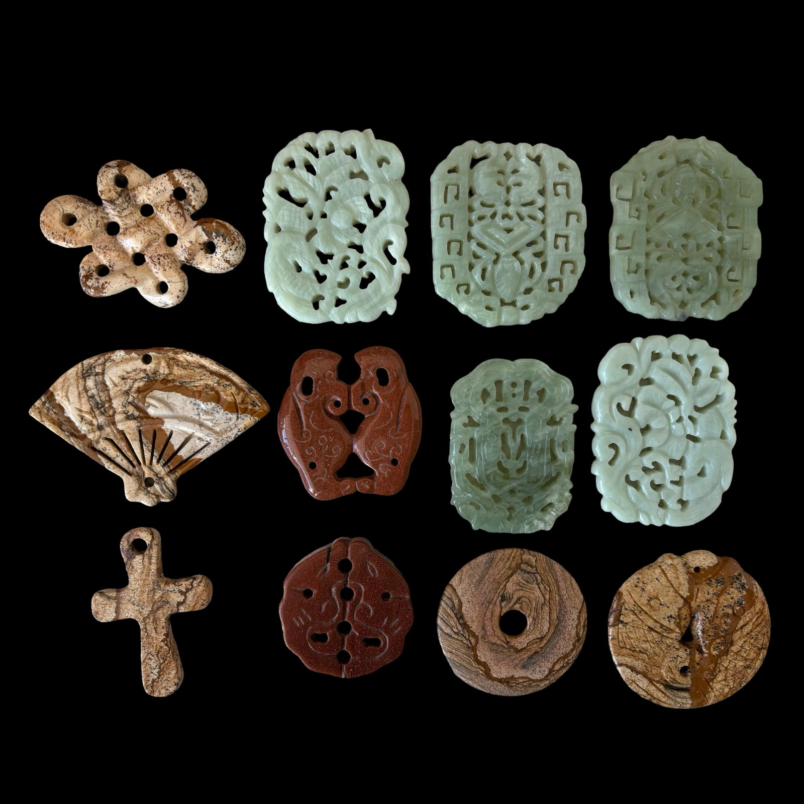 12-Piece Chinese Carved Jade-Type Hardstone Pendant & Amulet Collection - Openwork Dragon Phoenix (1 of 2)