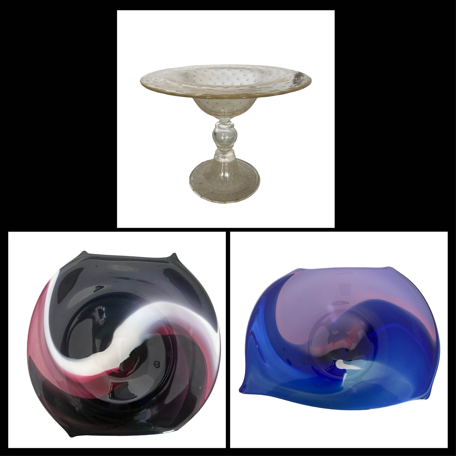 Collection of 3 Signed Studio Art Glass Bowls by Simon Bisley and Murano-Style Gold Aventurine (1 of 9)