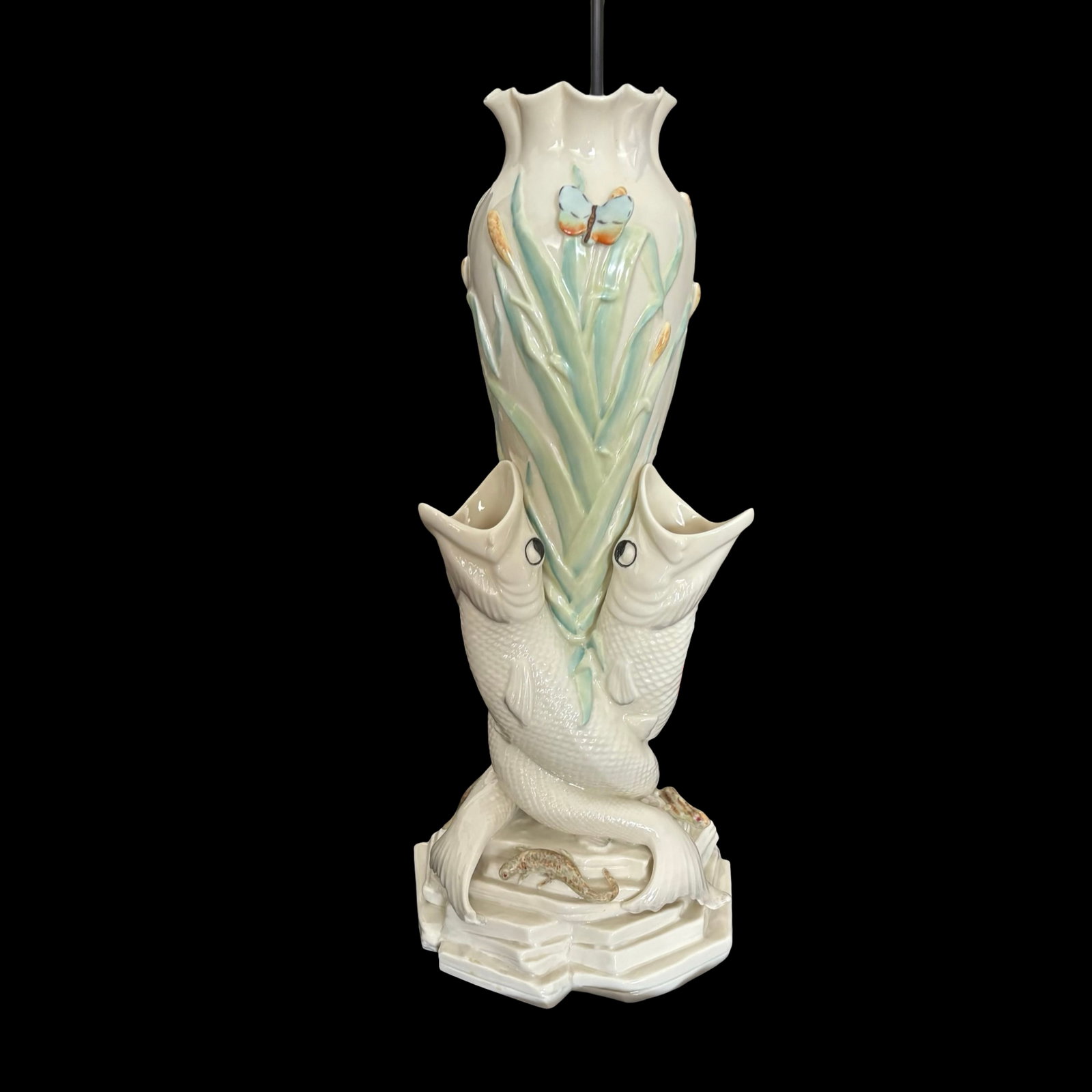 Belleek Ireland Triple Fish Vase 16 Inch - Large Victorian Parian Porcelain Figural Fish, Bulrush, (1 of 7)