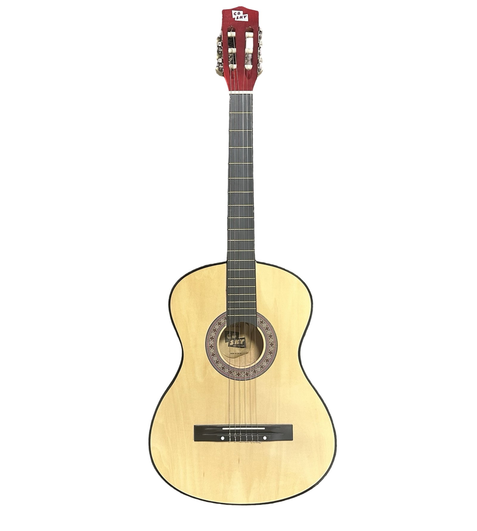 CB SKY Music Pro Series Classical Acoustic Guitar - Cherry Red Gloss Back - Nylon String Spanish: Offered here is a CB SKY Music Pro Series Classical Acoustic Guitar, a visually striking student instrument finished in high-gloss cherry red with a contrasting natural top and traditional Spanish-sty