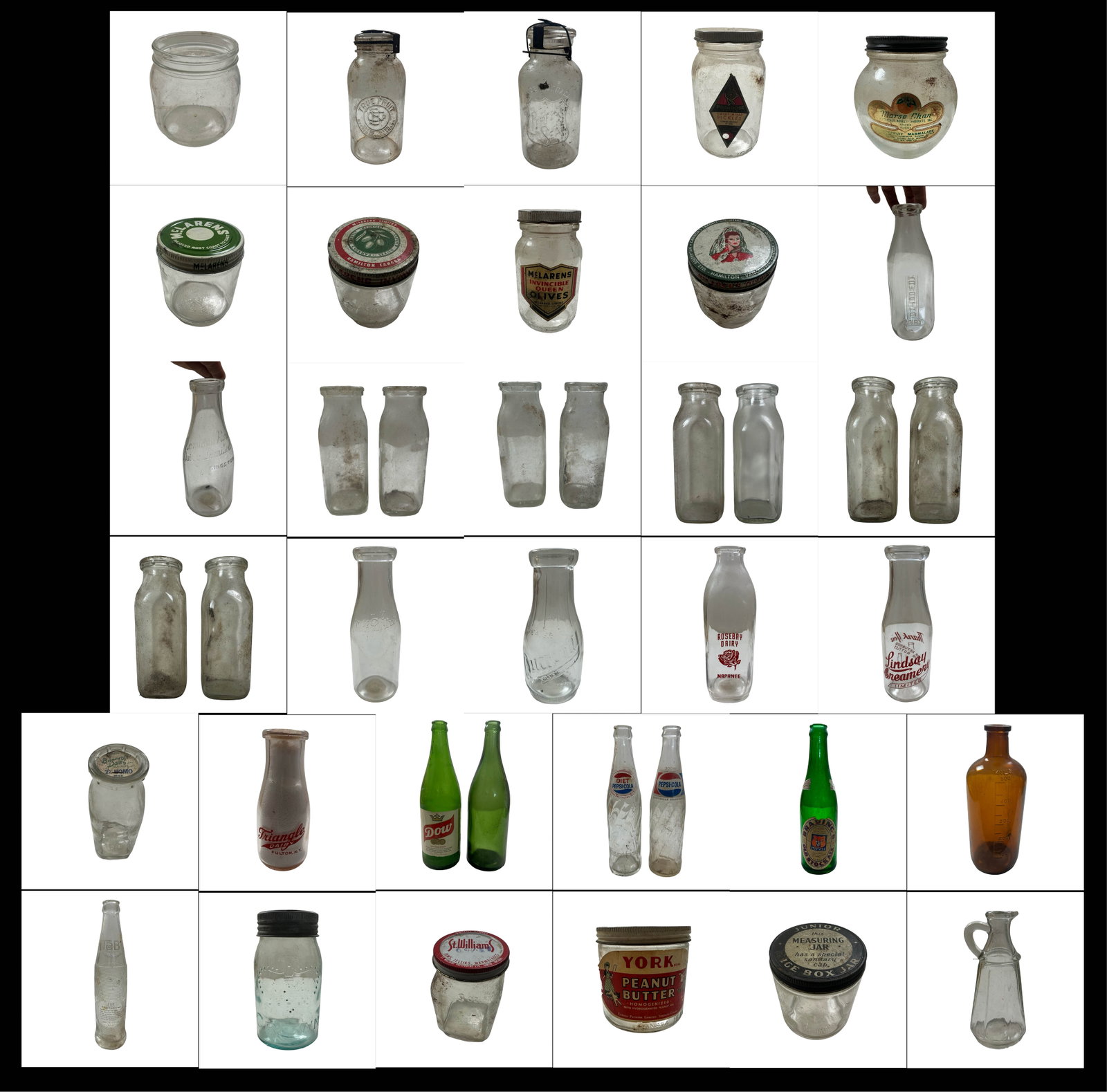 Extensive Early 20th Century North American Glass Bottle Collection - Embossed Dairy, Soda,: An exceptionally diverse and visually compelling early to mid 20th century North American glass bottle and advertising jar collection, comprising over thirty pieces spanning dairy, soda, preserves, pe