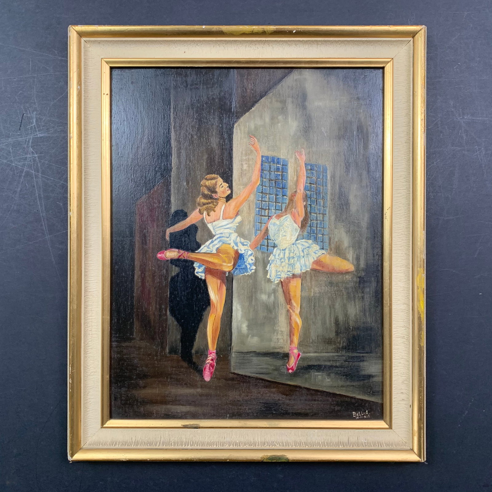 Belia's "Ballerina" Original: Belia's "Ballerina", circa 1955, original acrlyic on board painting, signed and dated lower right. This piece is of a beautiful ballerina, practicing different poses in front of a large mirror. This p