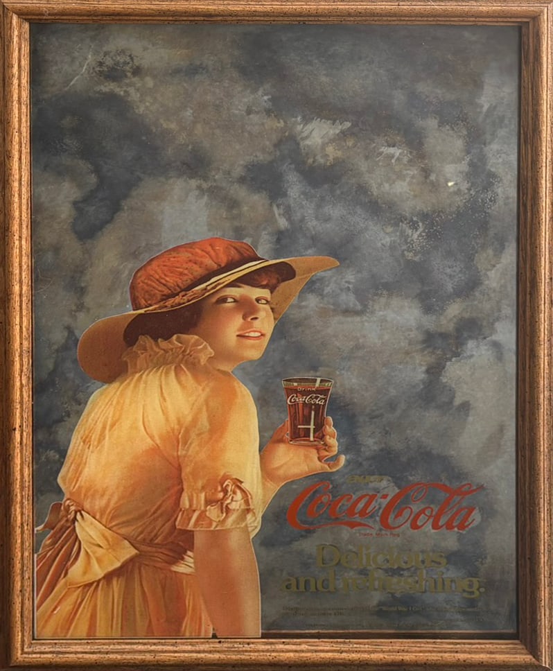 Vintage Coca-Cola "World War I Girl" Advertising Mirror - Framed Reverse-Printed Glass Sign -: A beautifully presented vintage Coca-Cola advertising mirror featuring a licensed reverse-printed reproduction of the celebrated "World War I Girl" advertisement, one of the most recognizable and endu