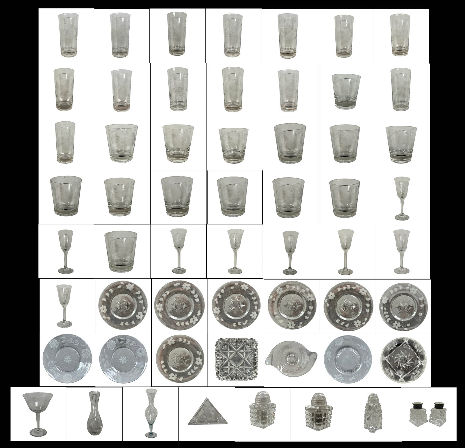 Extensive 58 Pc Vintage Etched and Cut Crystal Glassware Collection - Floral, Starburst, Decanters,: An impressive and visually cohesive 58-piece vintage etched and cut crystal glass collection, representing a refined cross-section of early to mid 20th century decorative and table glass. This substan