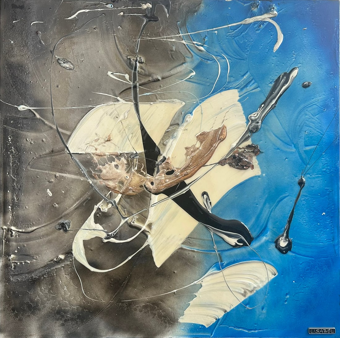 Lisabel - Lumiere at Eau - Original 30 x 30 in Mixed Media Acrylic Painting on Canvas - Contemporary: A striking museum caliber original by the celebrated Canadian contemporary artist Lisabel, Lumiere at Eau is a powerful 30 in x 30 in composition executed on a gallery wrapped canvas with deep sculptu