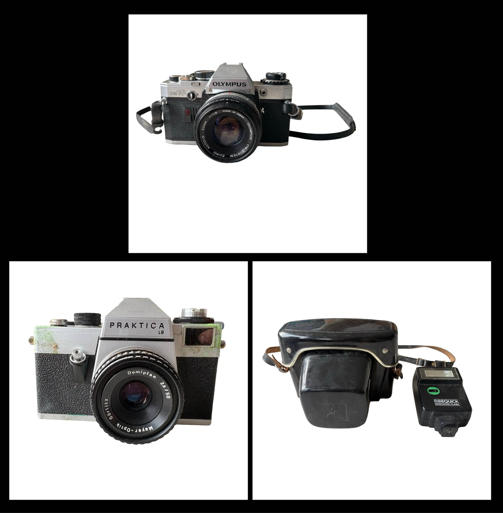 Vintage Olympus OM-10 35mm SLR Camera with Olympus Zuiko Auto-S 50mm f/1.8 Lens, Praktica LB 35mm: An appealing and highly collectible grouping of vintage 35mm photographic equipment representing three of the most recognizable names in twentieth-century film photography: Olympus, Praktica, and Pent