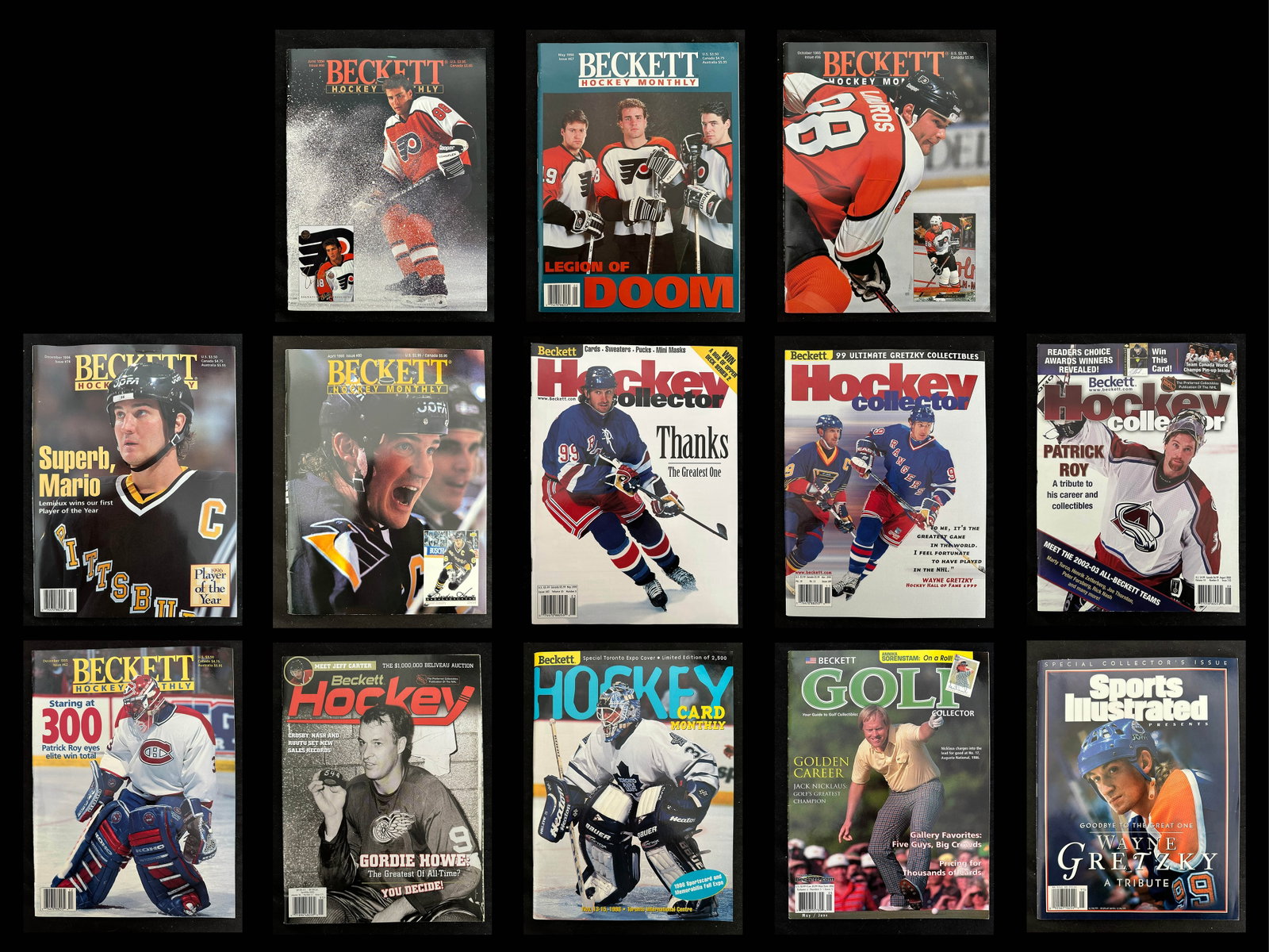 Elite Beckett & Sports Illustrated Hockey and Golf Magazine Collection - 13 Issues - Gretzky,: This exceptional 13-piece magazine collection represents a carefully preserved cross-section of elite sports collecting history from the 1990s, anchored by Beckett?s most influential hockey