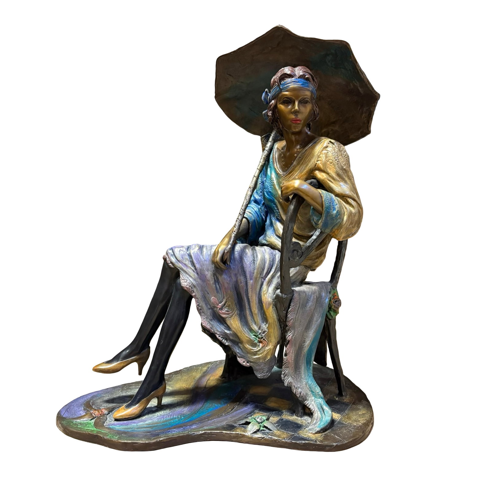 Isaac Maimon "Parasol / Woman with Parasol" Caf? Carnivale Limited Edition 62/150 Patinated: Isaac Maimon (Israeli, b. 1951), Parasol, also known as Woman with Parasol, from the Caf? Carnivale series, circa 1994. Substantial patinated and cold-painted bronze sculpture, signed "Maimon" with co