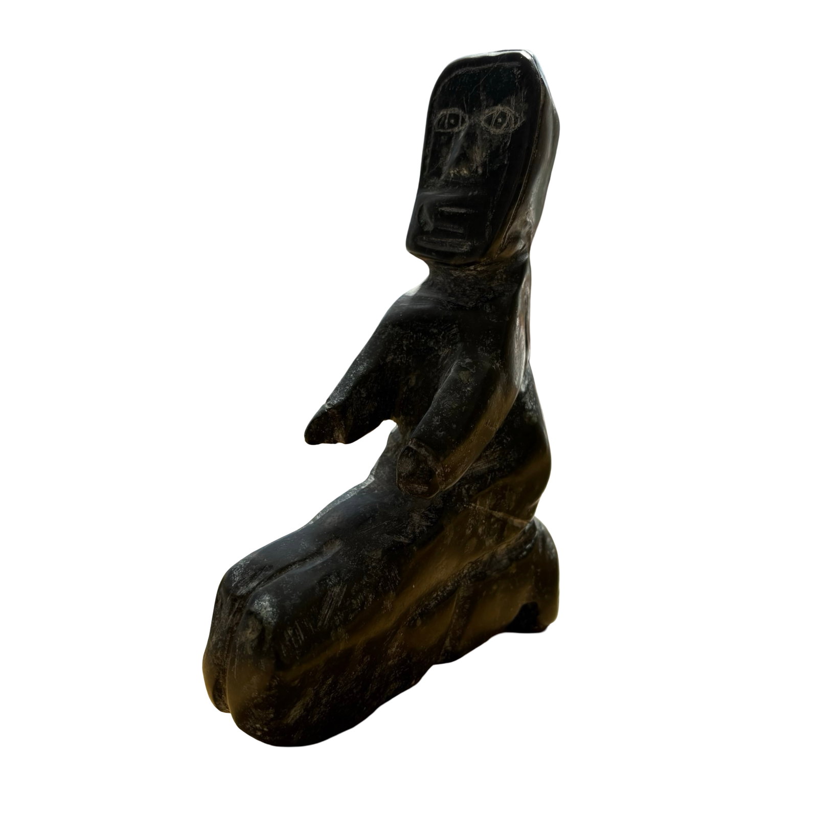 Mary Kingatook (Taloyoak) 1991 Certified Inuit Stone Sculpture ?Kneeling Inuk? - Canadian Arctic: A compelling and highly authentic example of late 20th-century Canadian Inuit sculpture, this certified stone carving by Mary Kingatook of Taloyoak captures the enduring strength, spirituality, and cu