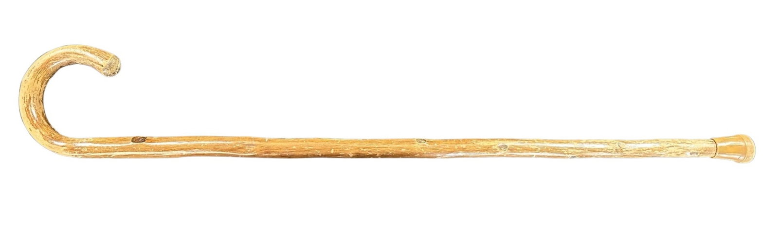 Hand Carved Wood Cane: A hand carved wood cane, with a hook shaped top, with a glossed finish. Shows some wear, and some of the finish has been removed in places. Stands 35 1/4" tall.